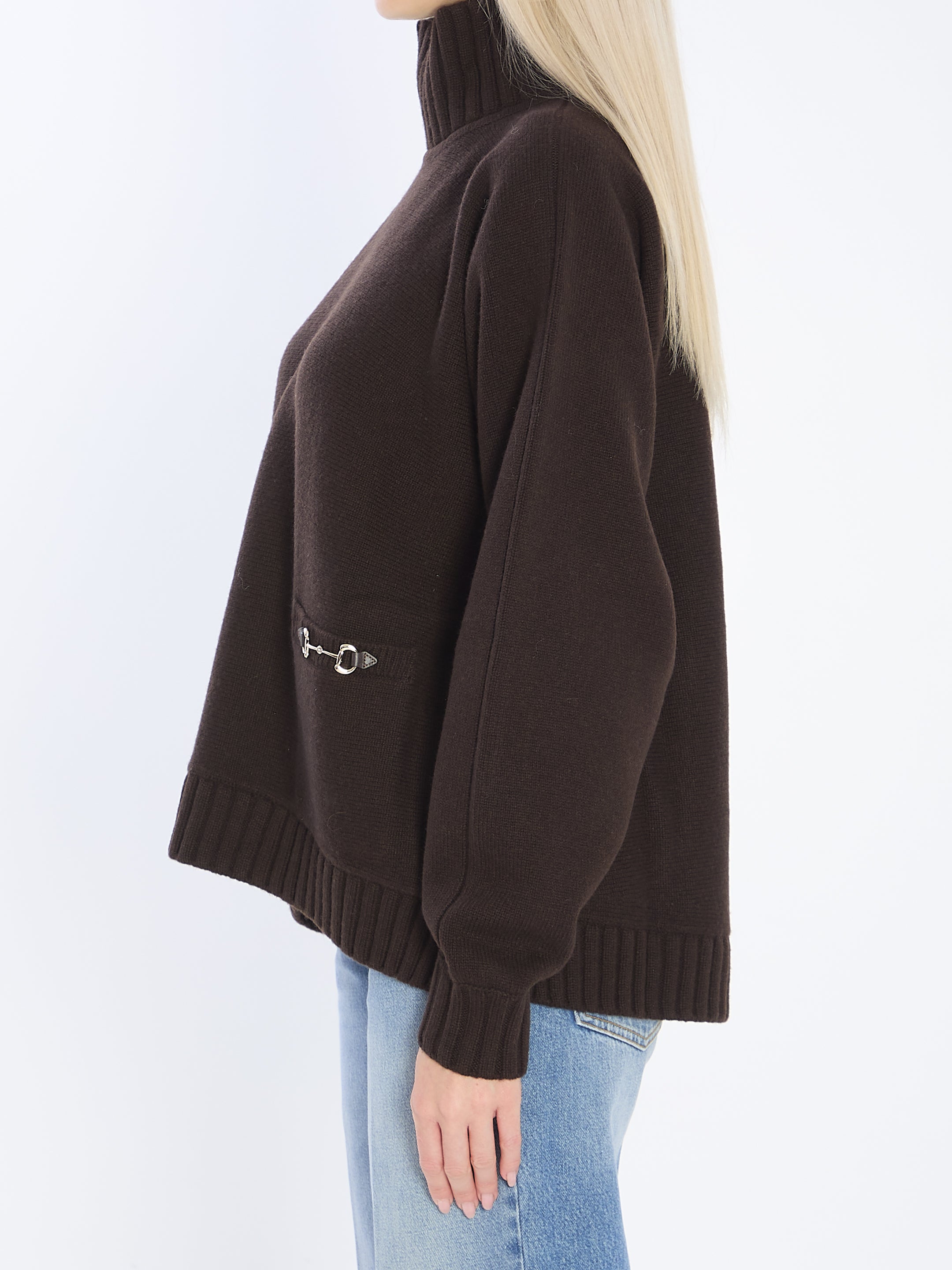 GUCCI Wool and Cashmere Turtleneck Sweater with Horsebit Details - Size S