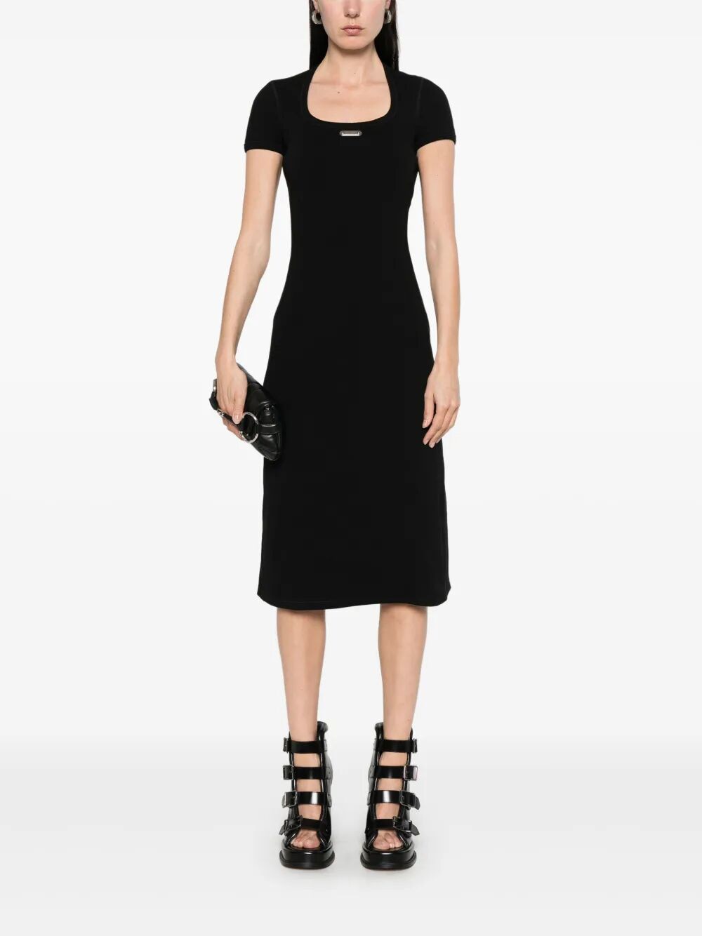 ALEXANDER MCQUEEN Ribbed Stretch Midi Dress with Logo Plaque