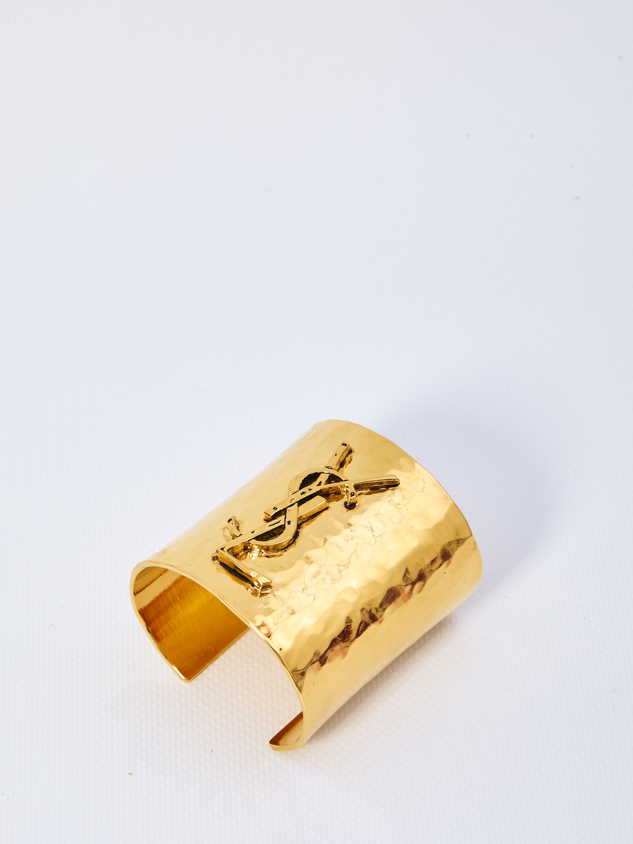 SAINT LAURENT Hammered Cuff Bracelet Featuring the Cassandre Logo