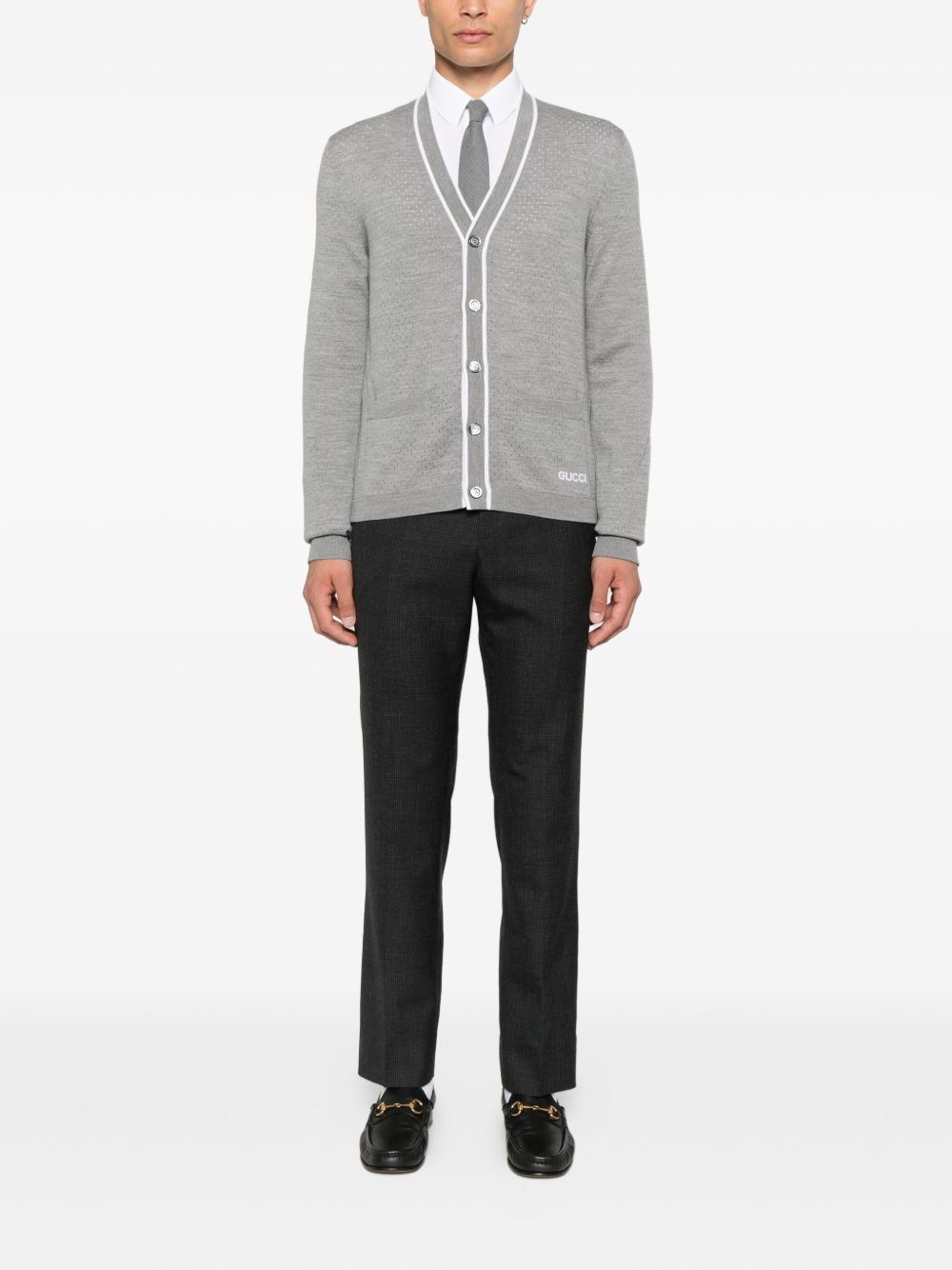 GUCCI Men's Wool V-Neck Cardigan with Embroidered Detail