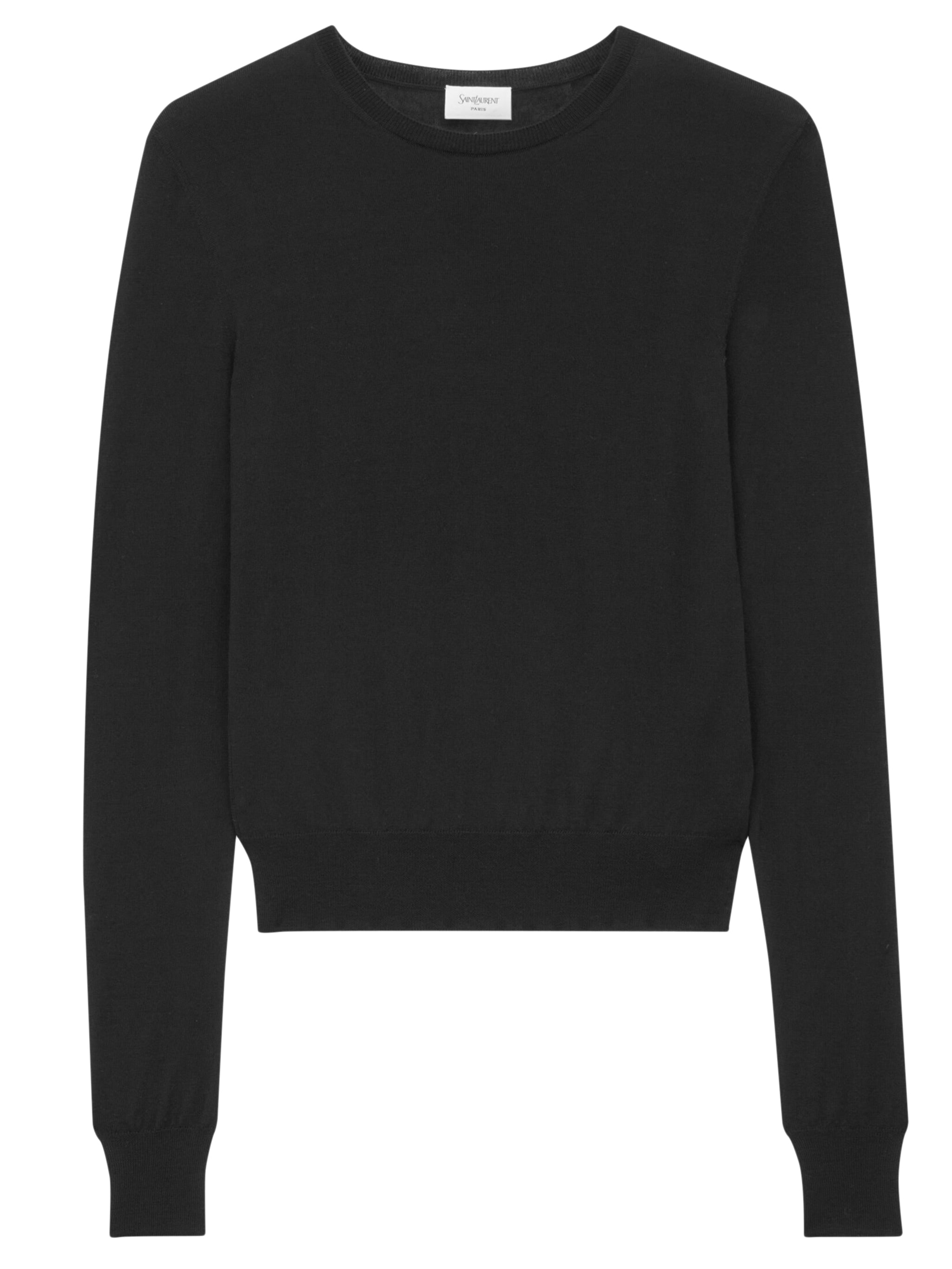 SAINT LAURENT Fitted Crew Neck Wool Sweater with Embroidered Hem