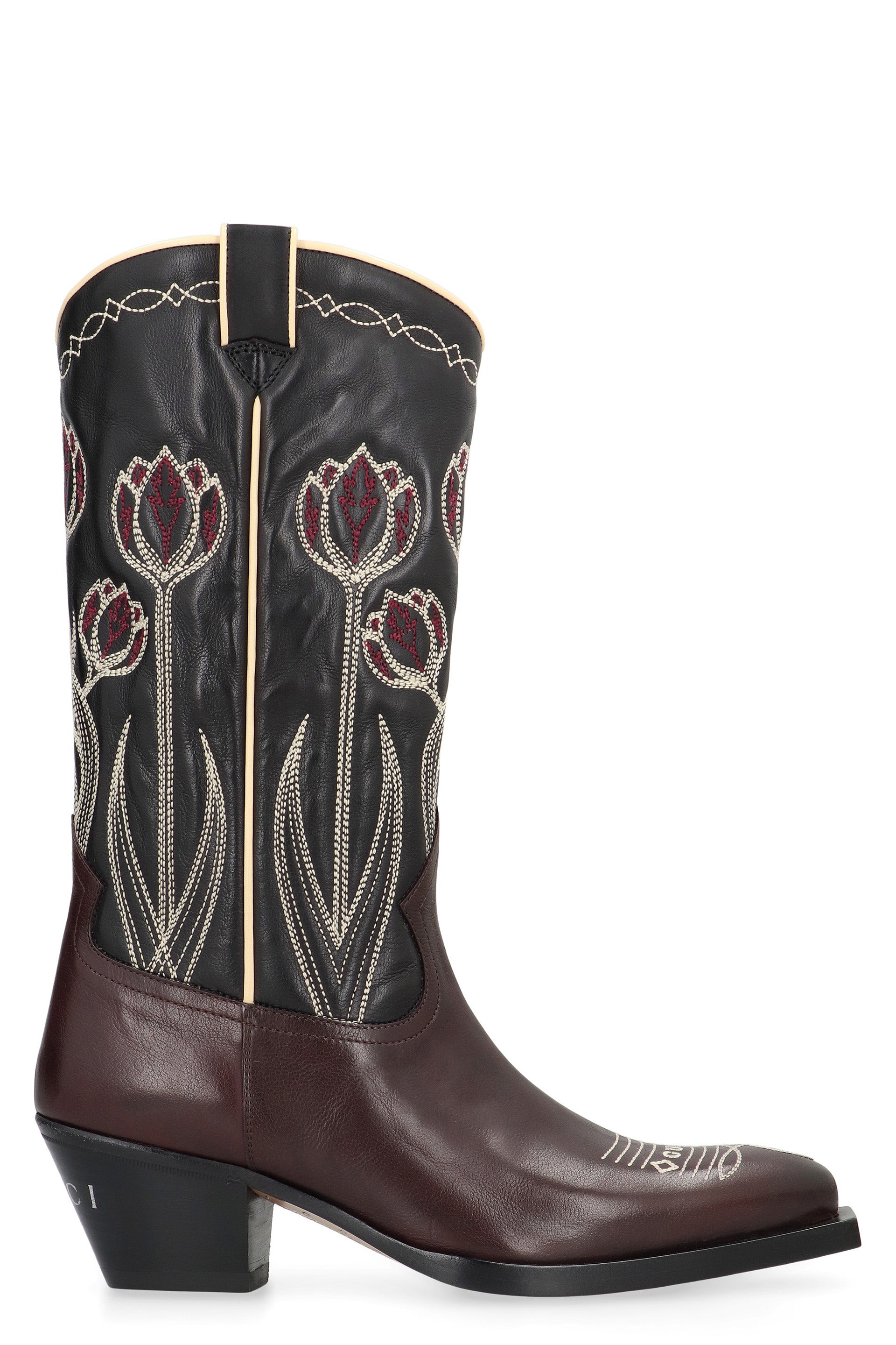 GUCCI Pointed Cowboy Boots with Floral Embroidery and Low Heel