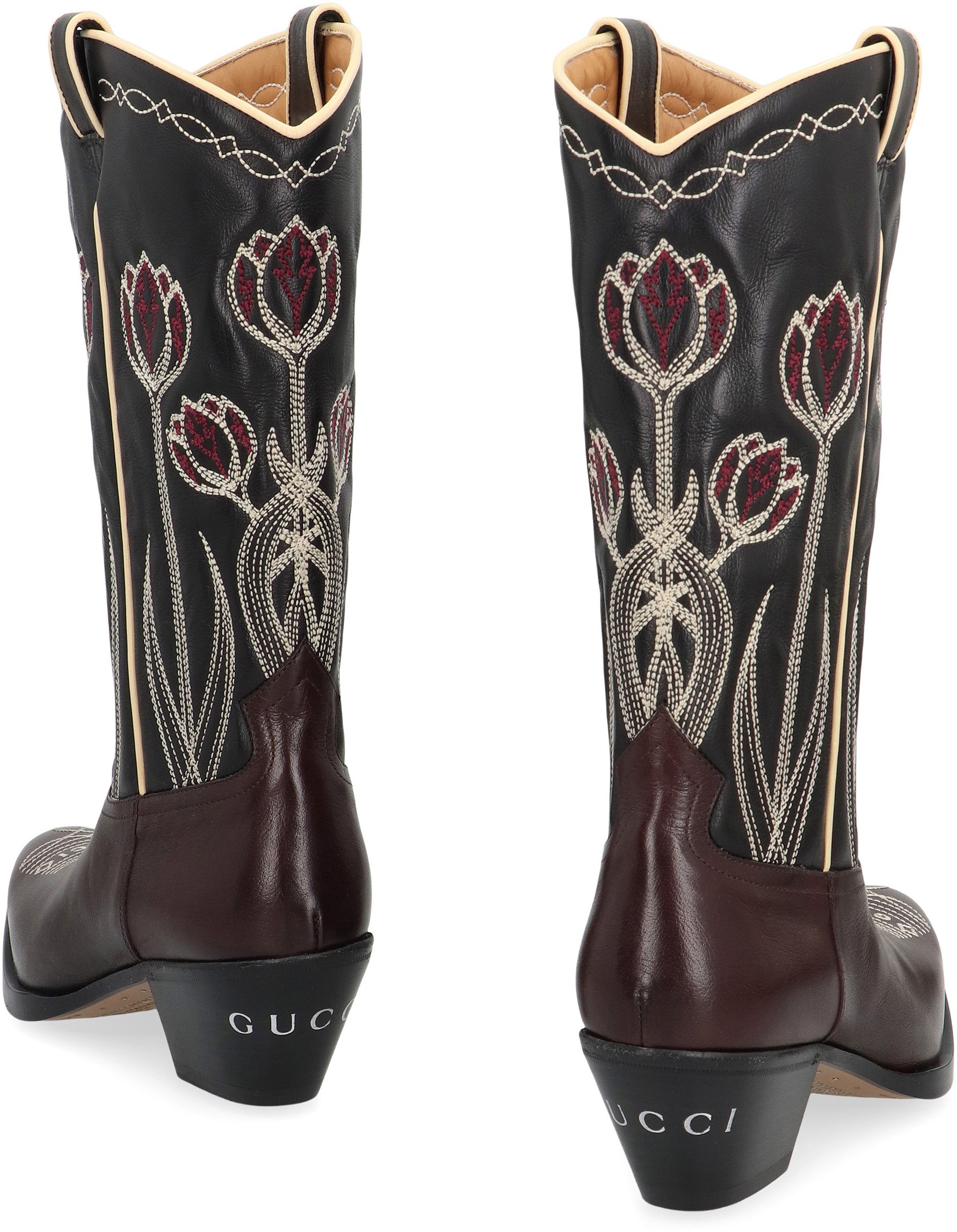 GUCCI Pointed Cowboy Boots with Floral Embroidery and Low Heel