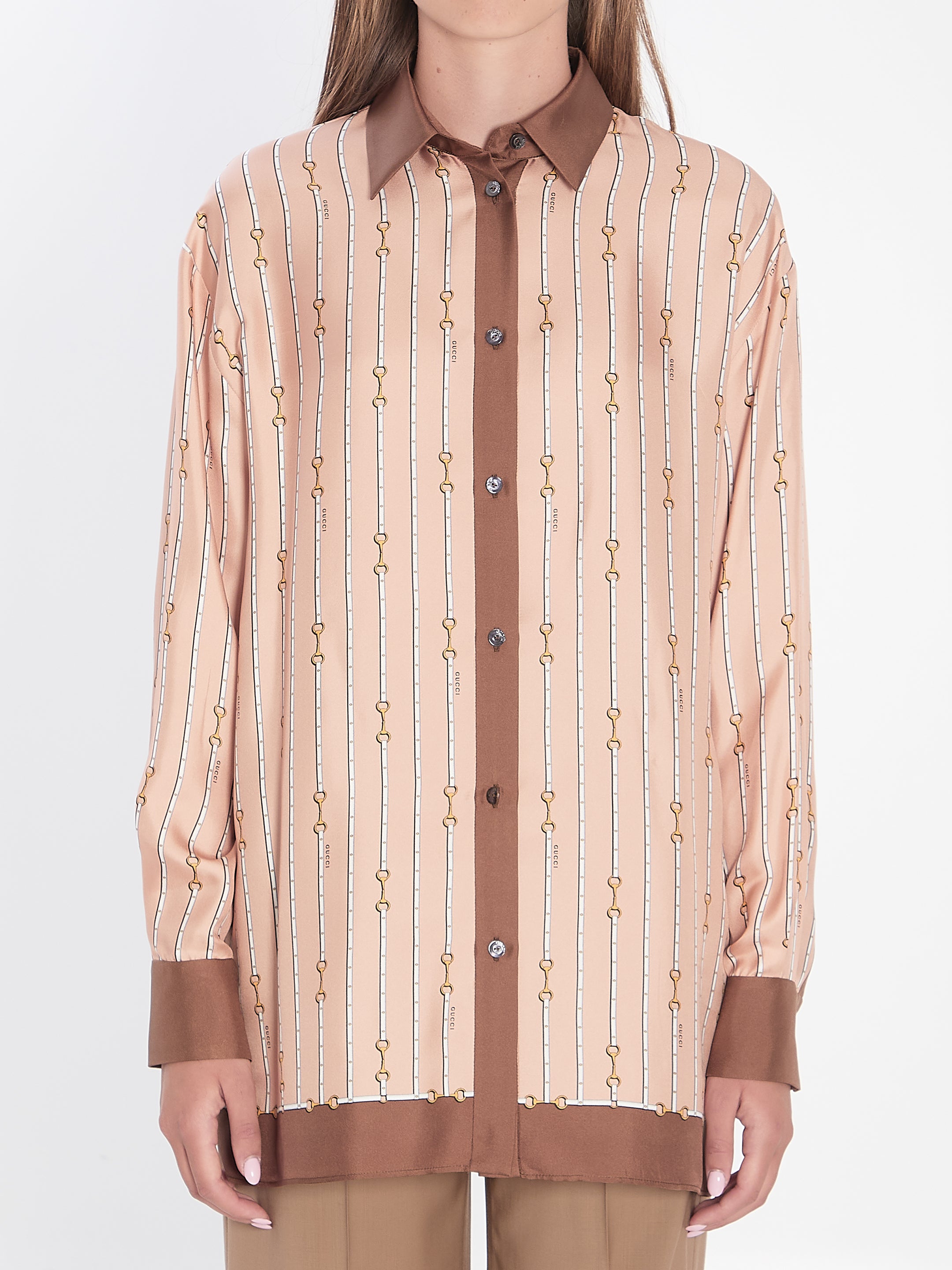 GUCCI Silk Shirt with All-Over Horsebit Print - Size 38