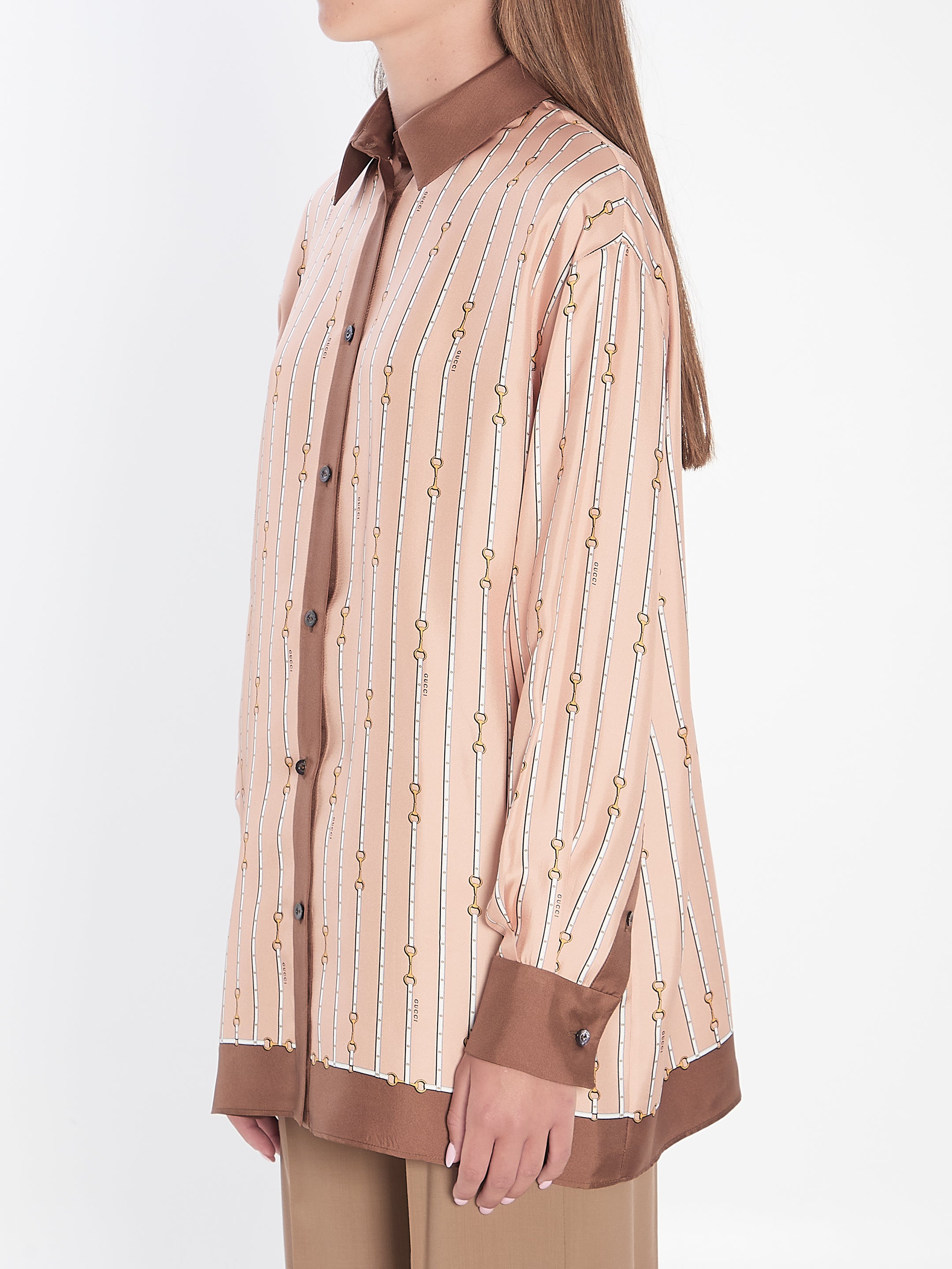 GUCCI Silk Shirt with All-Over Horsebit Print - Size 38