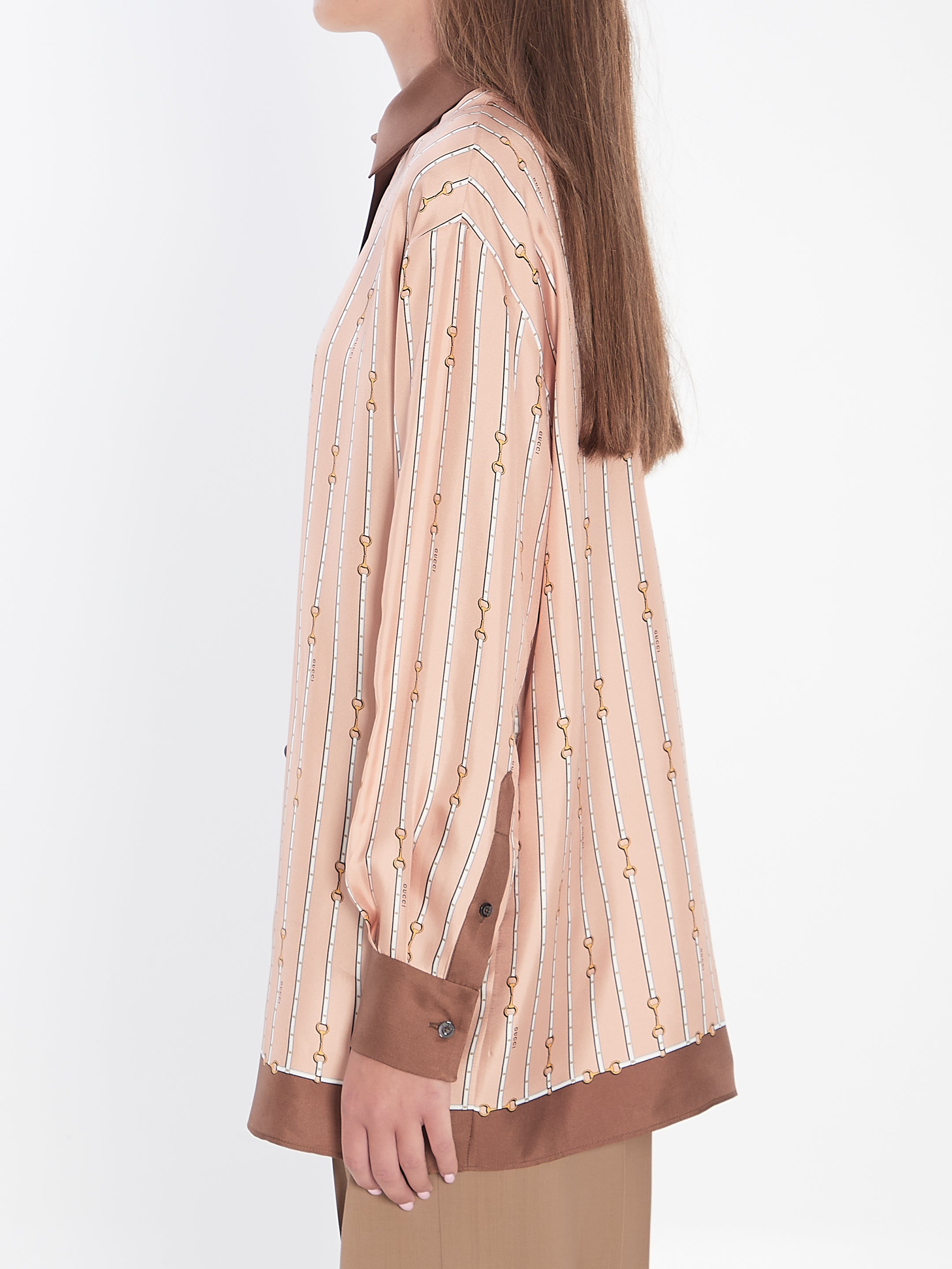 GUCCI Silk Shirt with All-Over Horsebit Print - Size 38