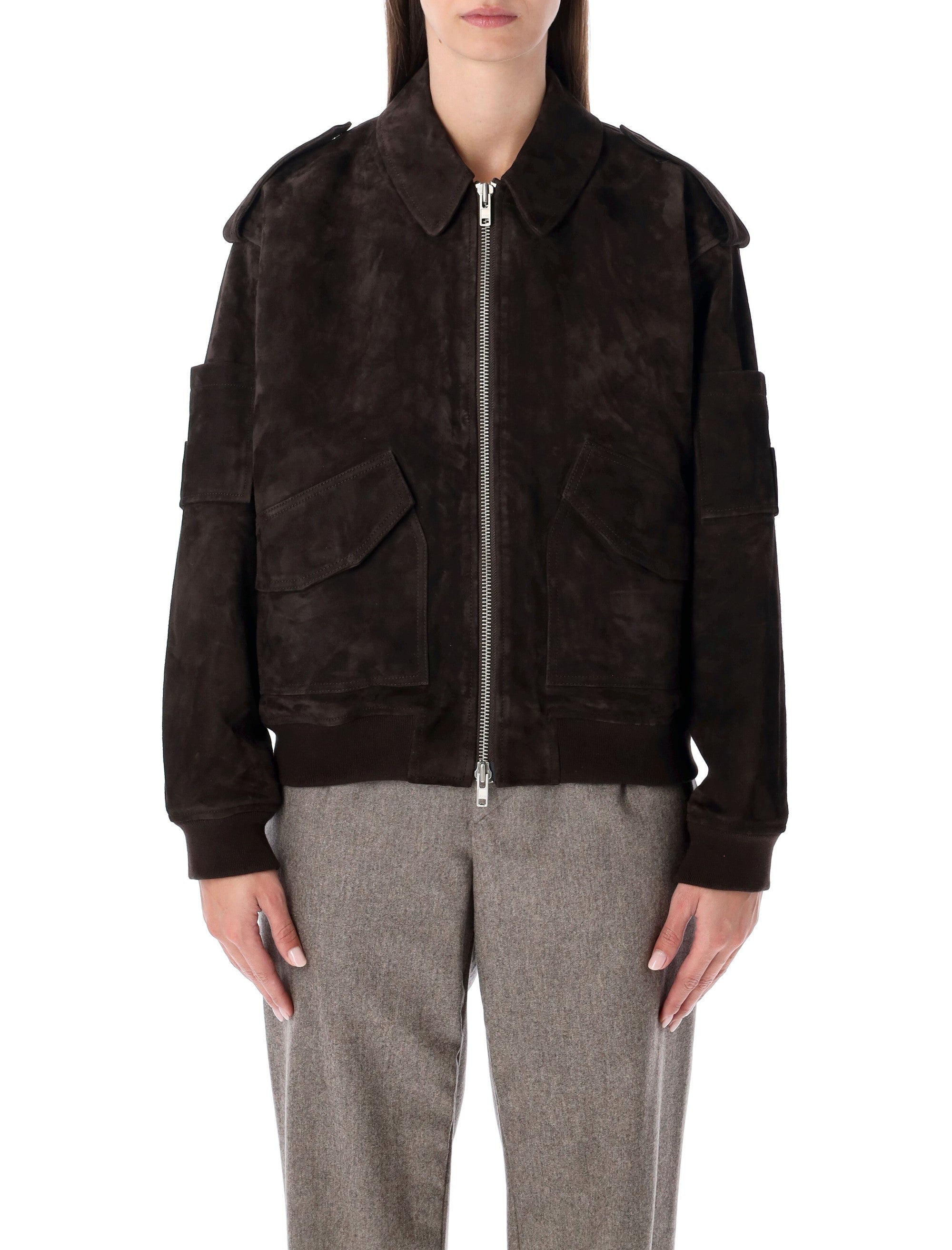 SWORD Brown Suede Bomber Jacket with Patch Pockets - Size 40