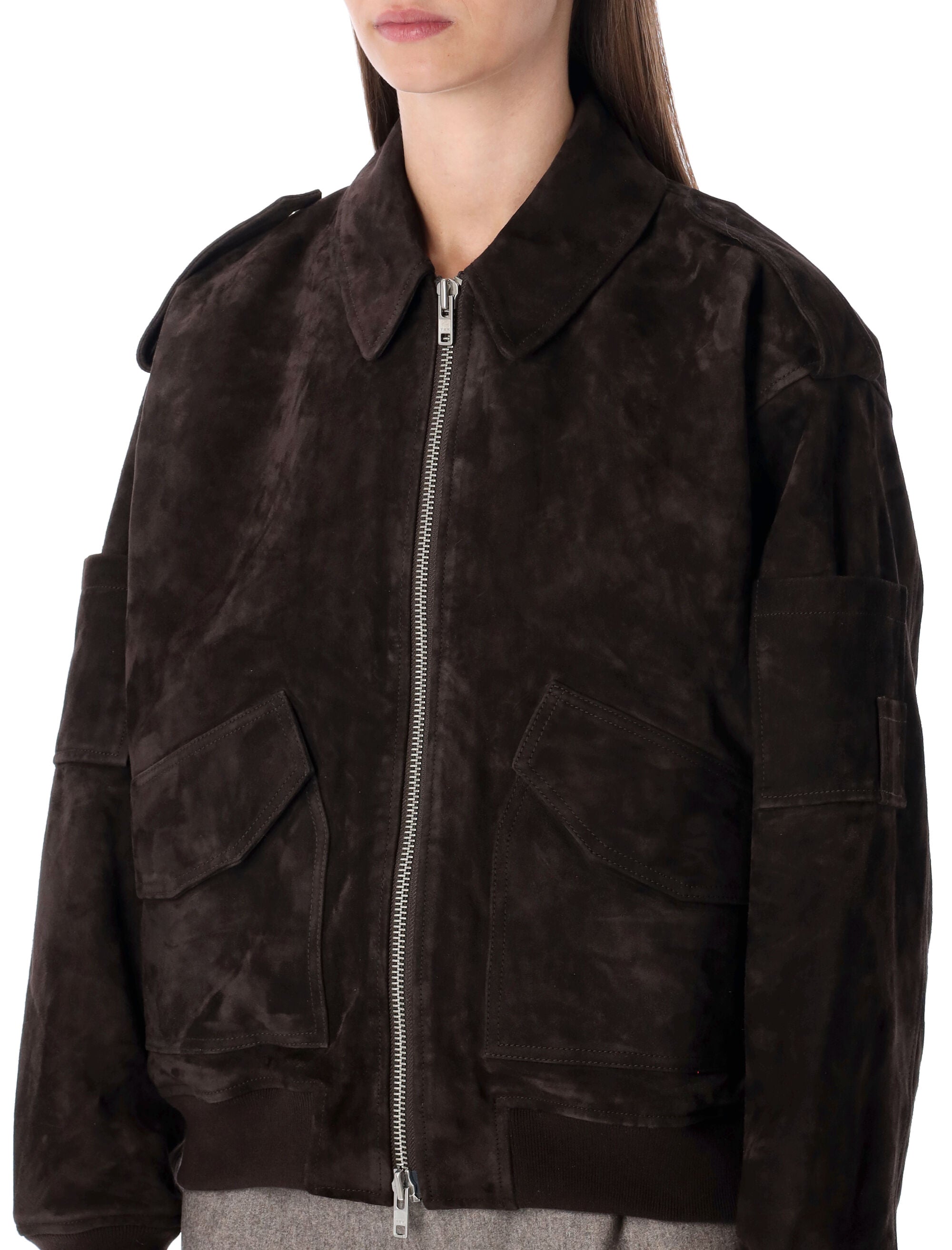 SWORD Brown Suede Bomber Jacket with Patch Pockets - Size 40