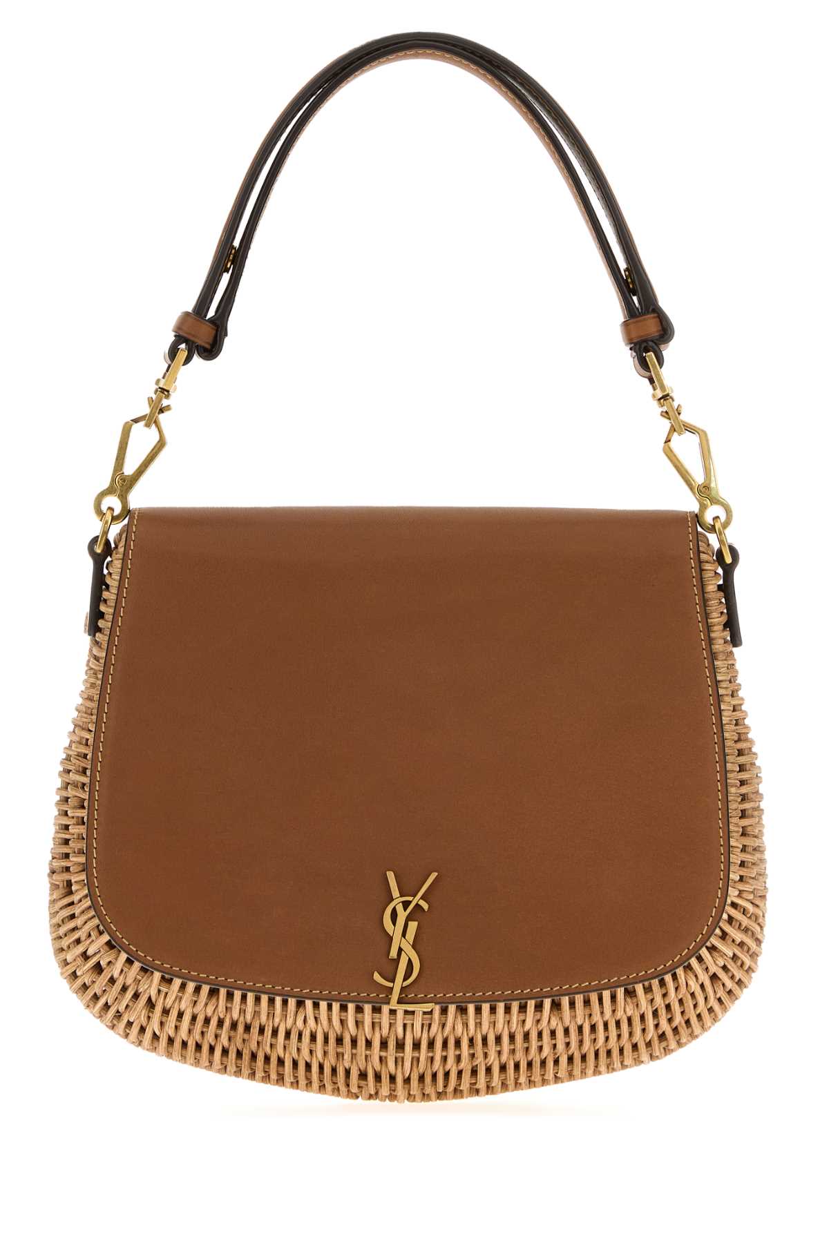 SAINT LAURENT Two-Tone Wicker and Leather Voltaire Handbag