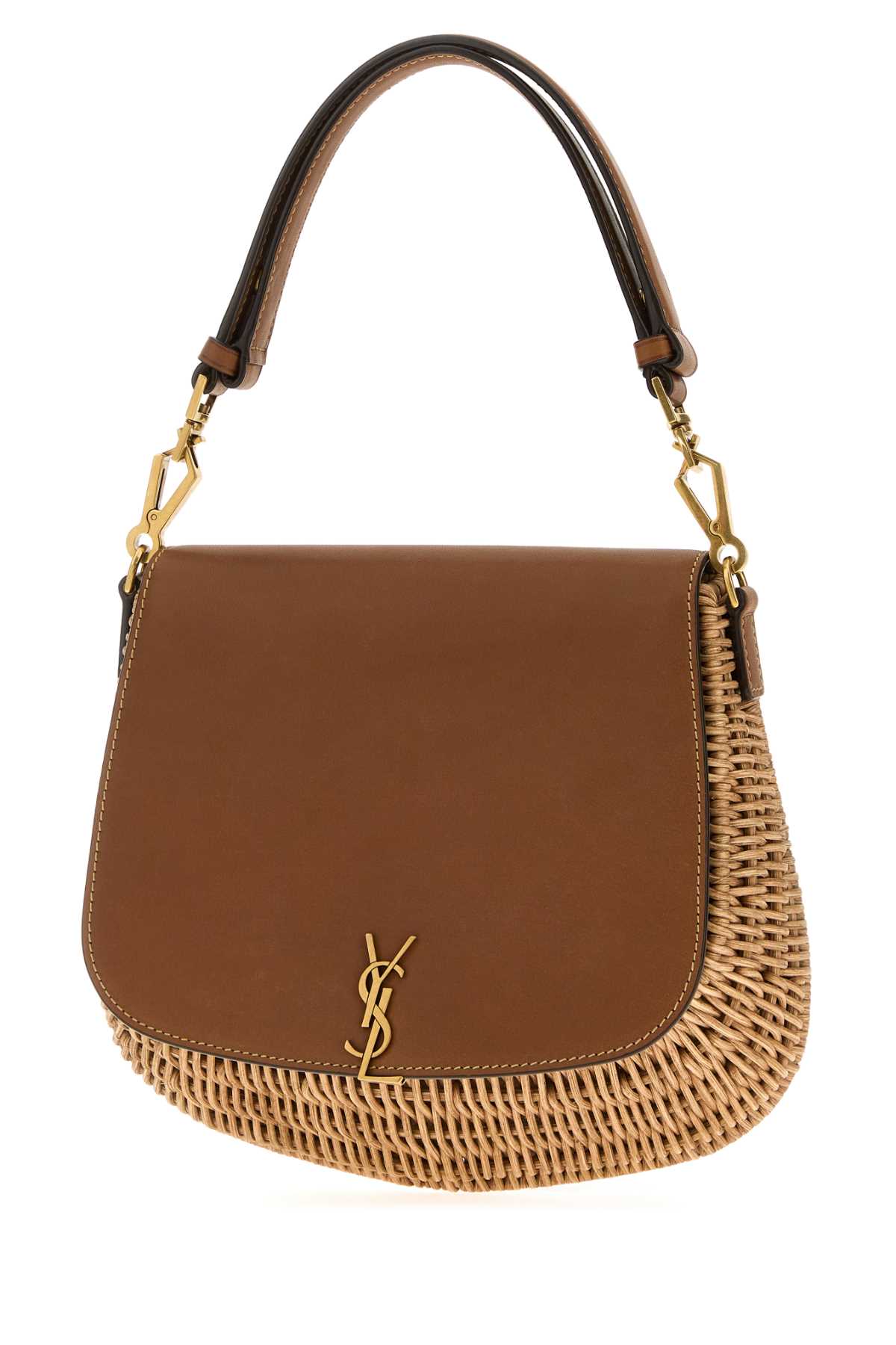 SAINT LAURENT Two-Tone Wicker and Leather Voltaire Handbag