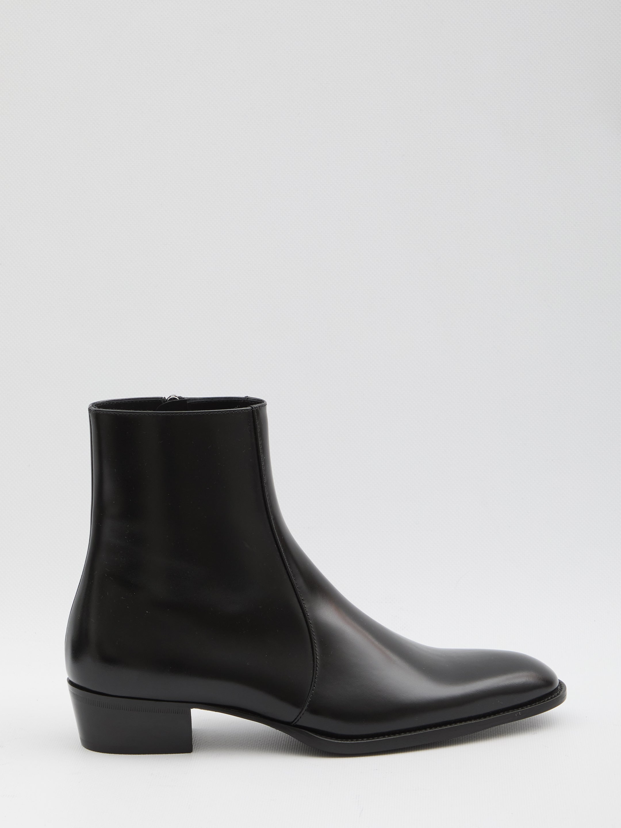 SAINT LAURENT Almond Toe Leather Boots with Cuban Heel - 3.5 cm