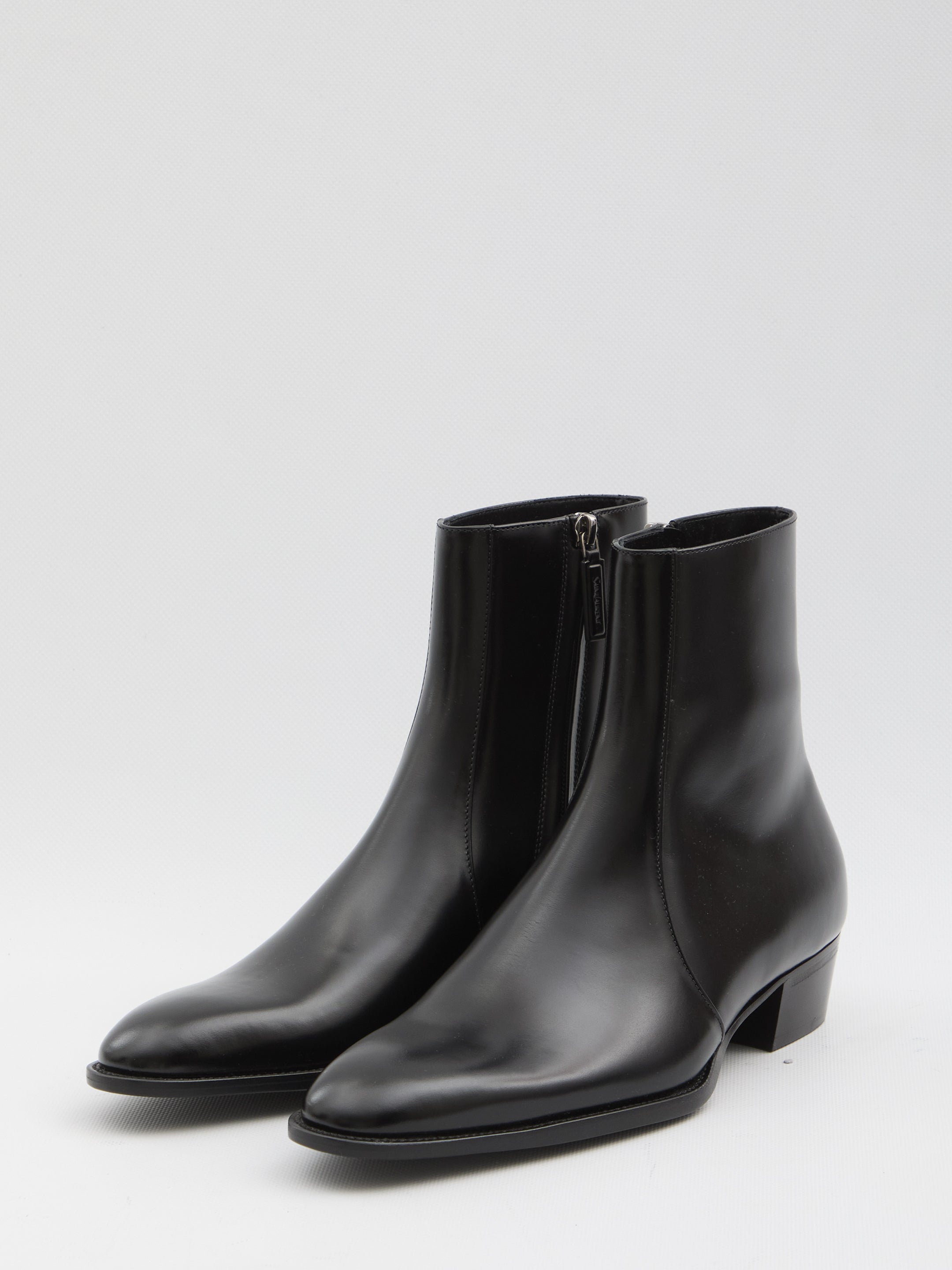 SAINT LAURENT Almond Toe Leather Boots with Cuban Heel - 3.5 cm