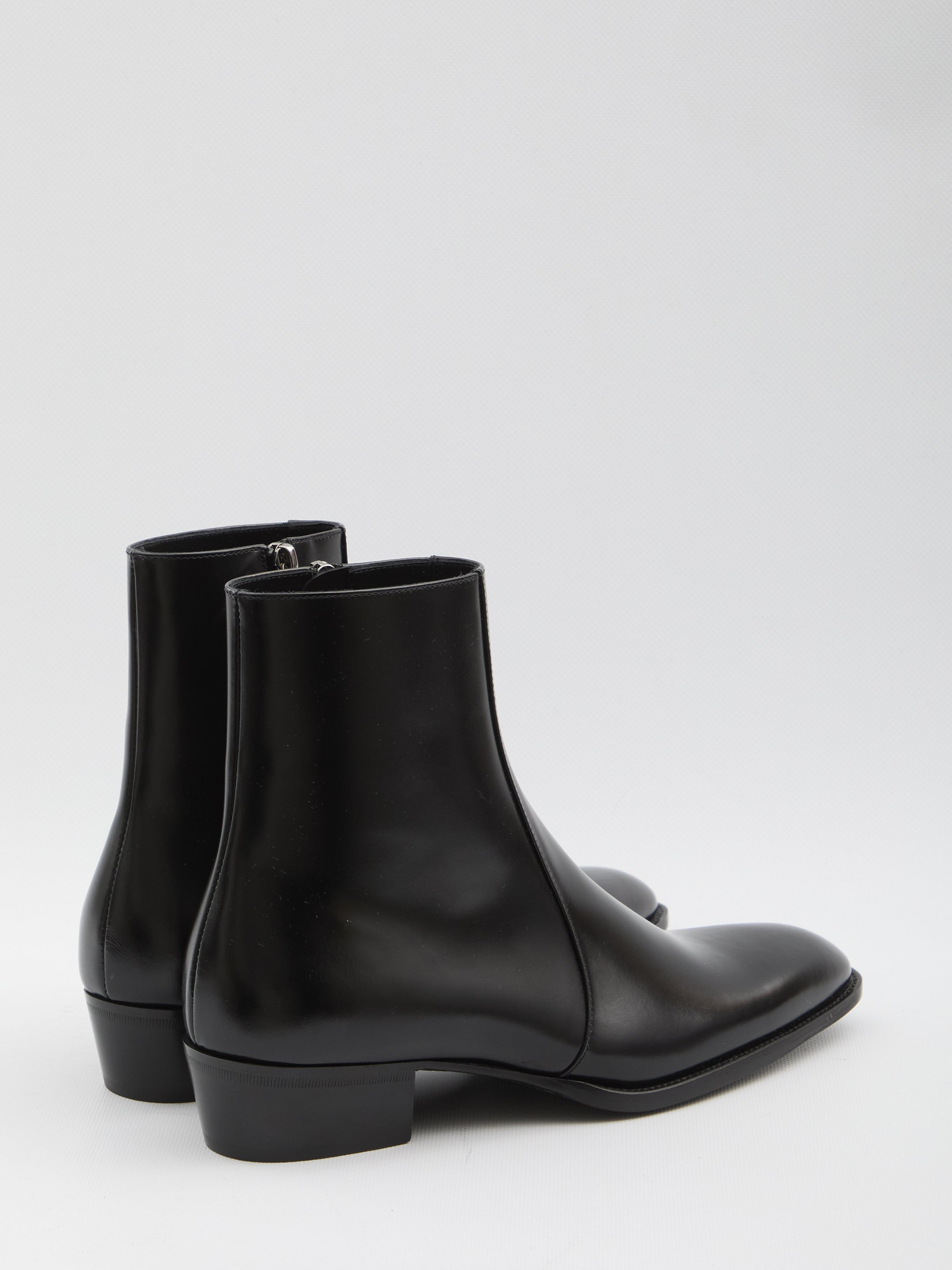 SAINT LAURENT Almond Toe Leather Boots with Cuban Heel - 3.5 cm