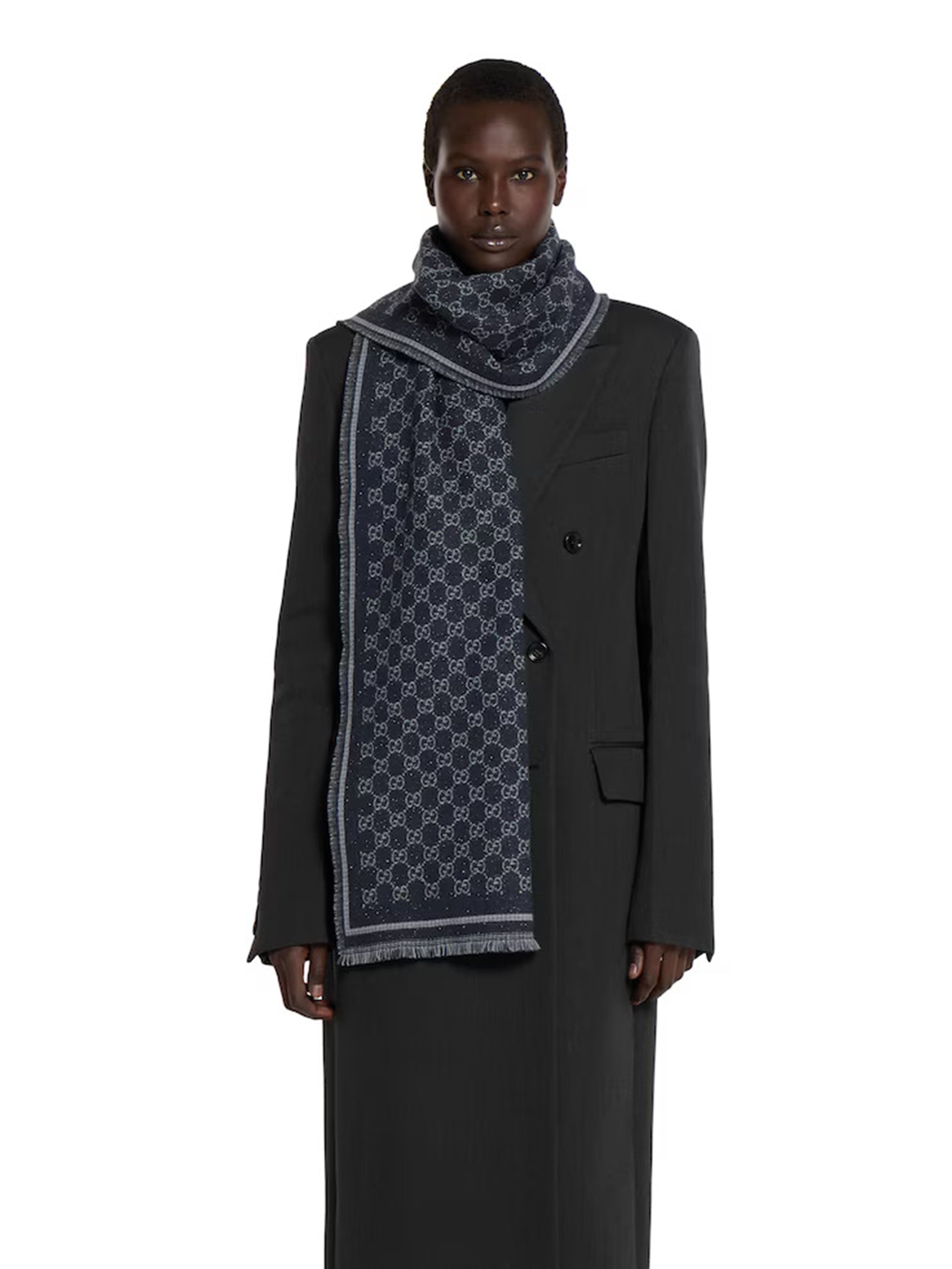 GUCCI Wool Scarf with Lamé Print and Fringe Trim - 47cm x 180cm