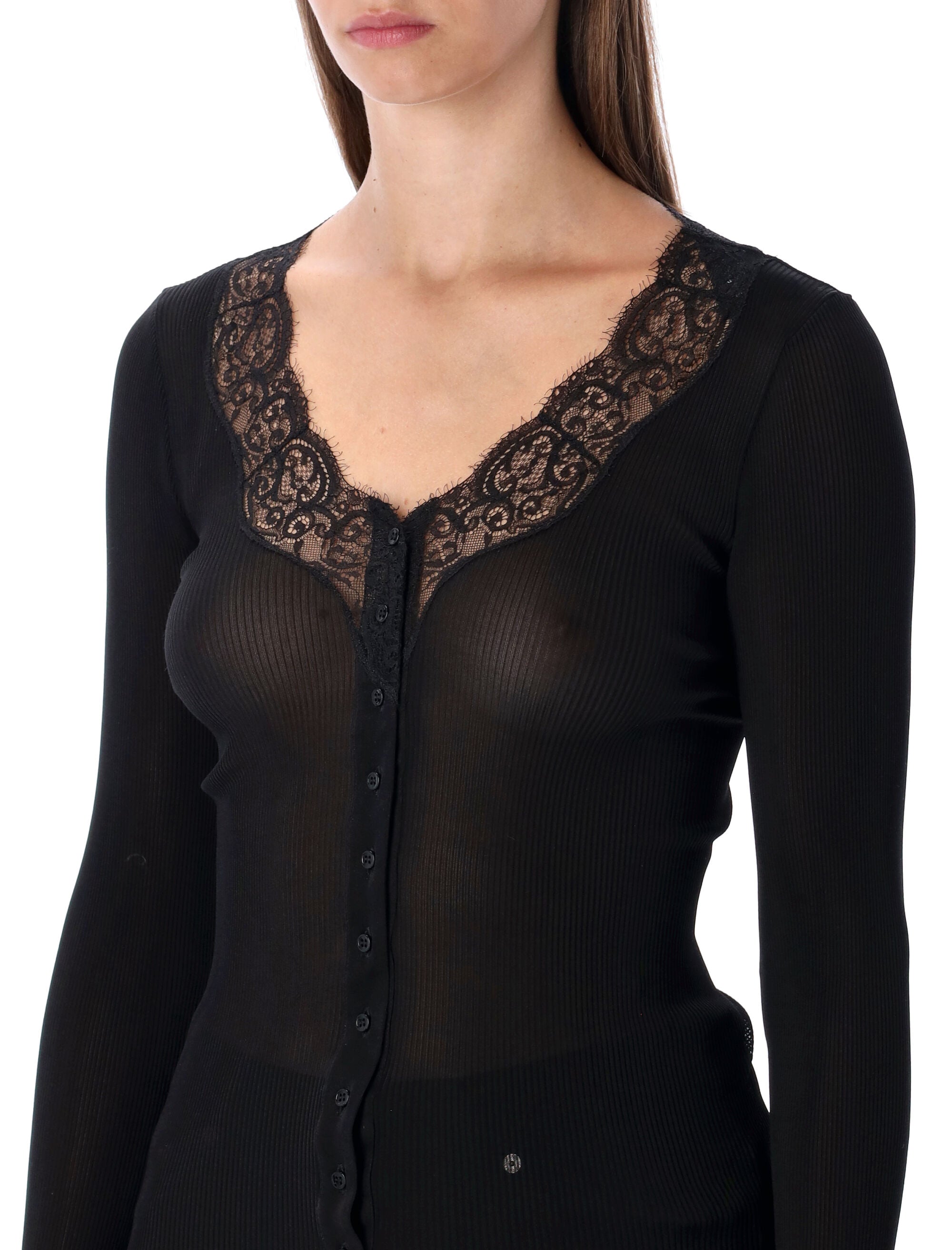 SAINT LAURENT Ribbed Silk and Lace Cardigan