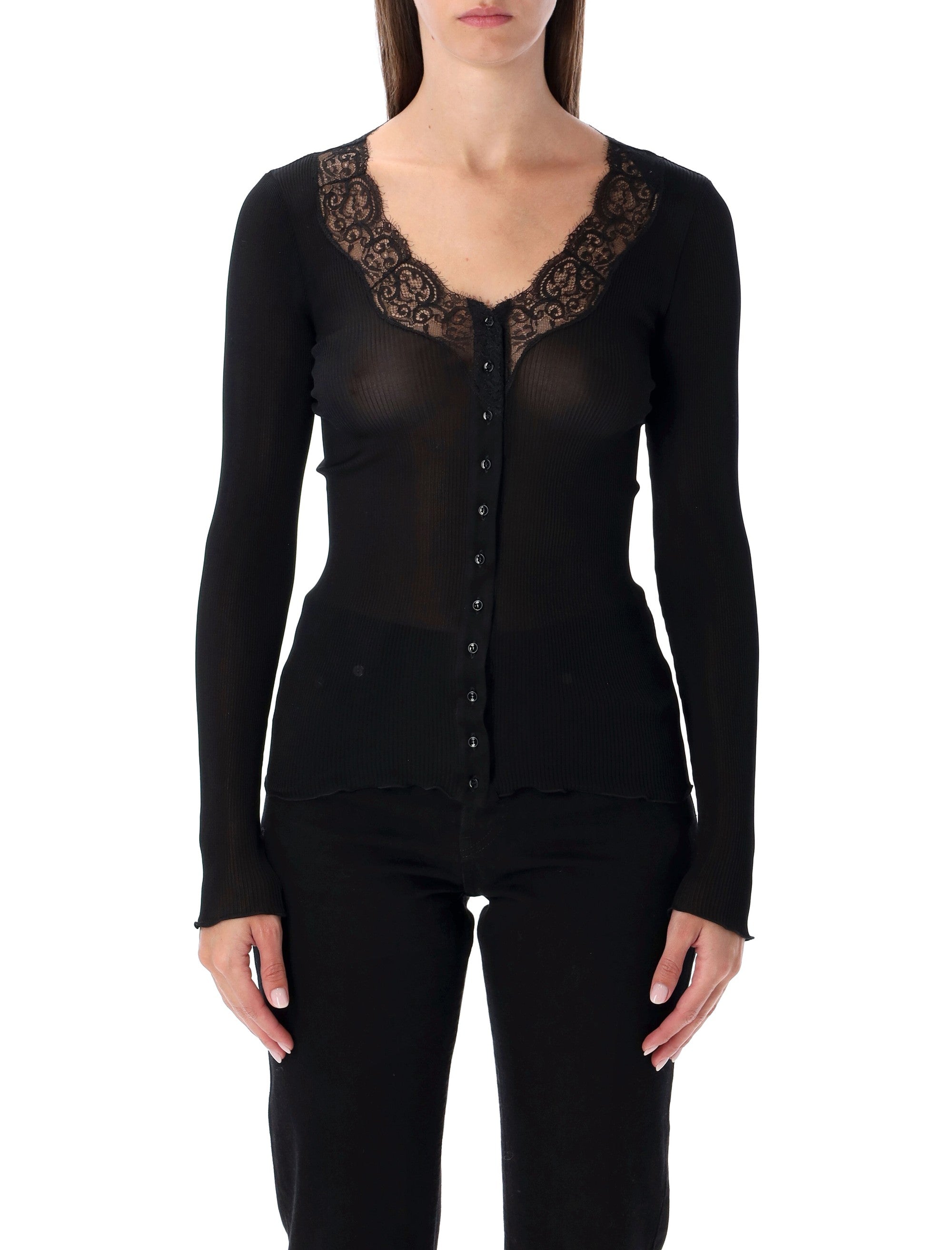 SAINT LAURENT Ribbed Silk and Lace Cardigan