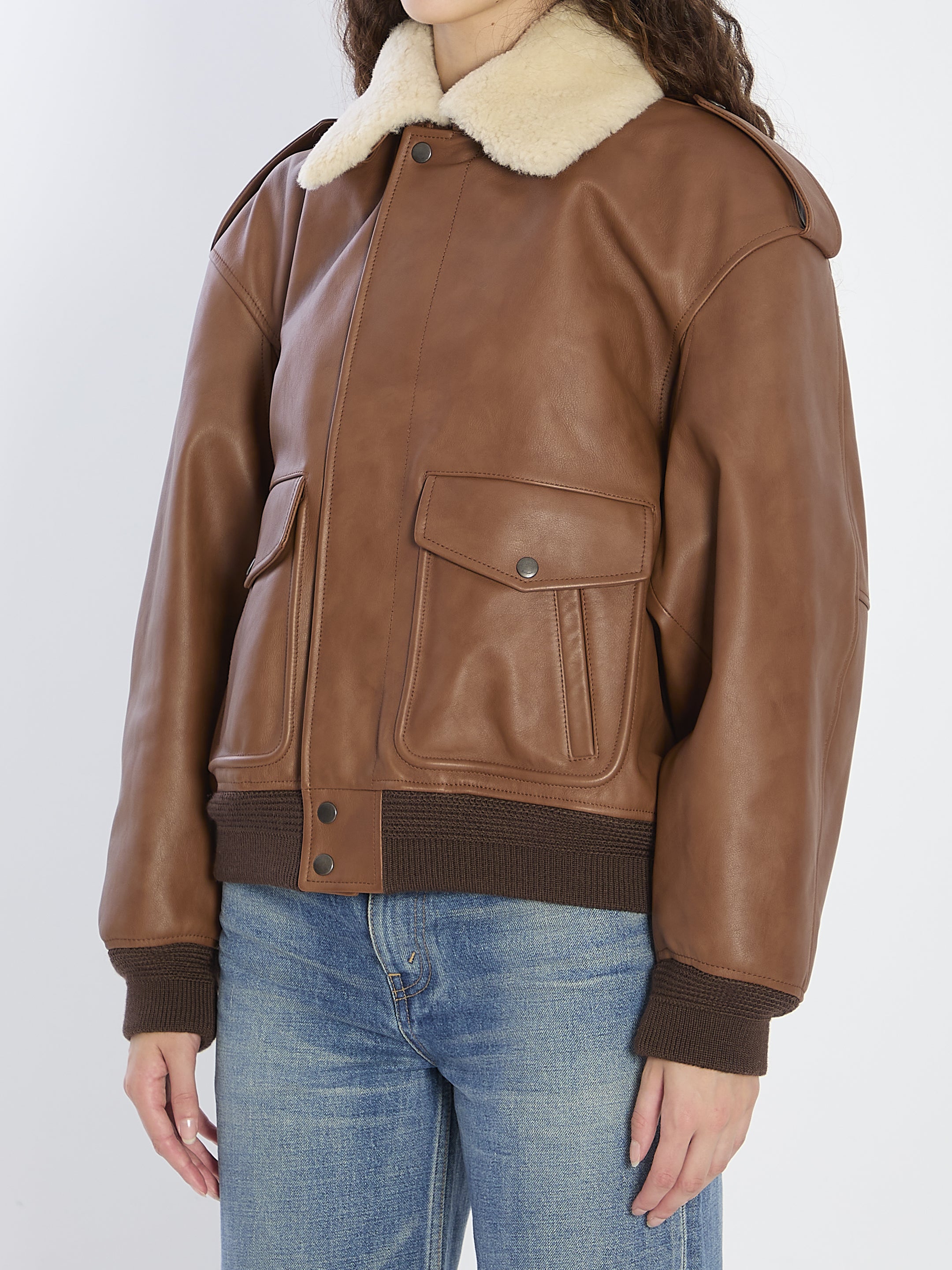 SAINT LAURENT Women's Leather Bomber Jacket with Shearling Collar - Size 36