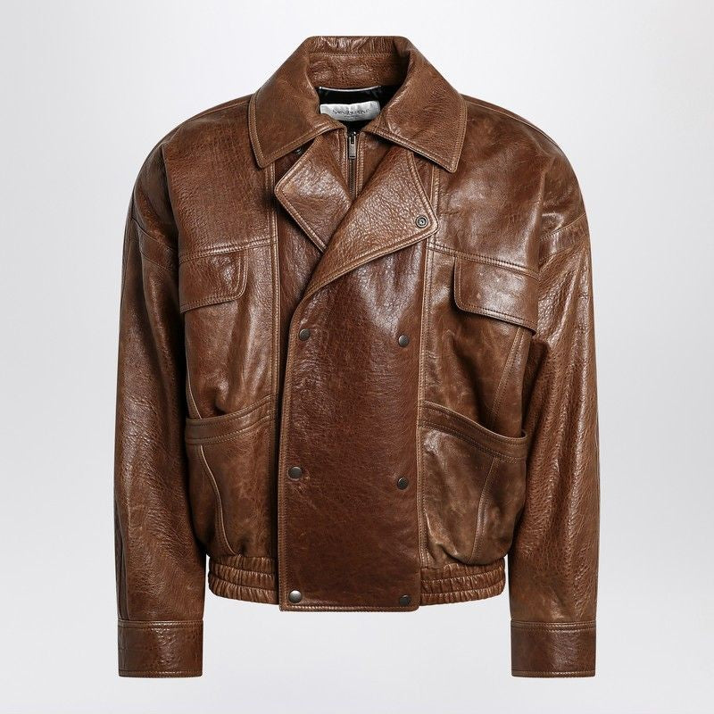 SAINT LAURENT Men's Leather Bomber Jacket with Pointed Collar for FW25
