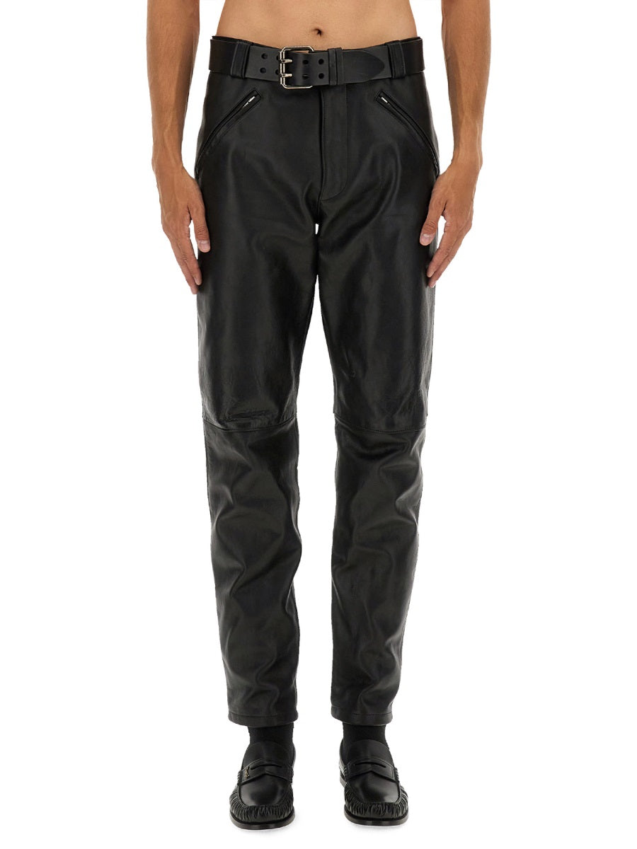 SAINT LAURENT Leather Pants with Belt - Size 48 IT