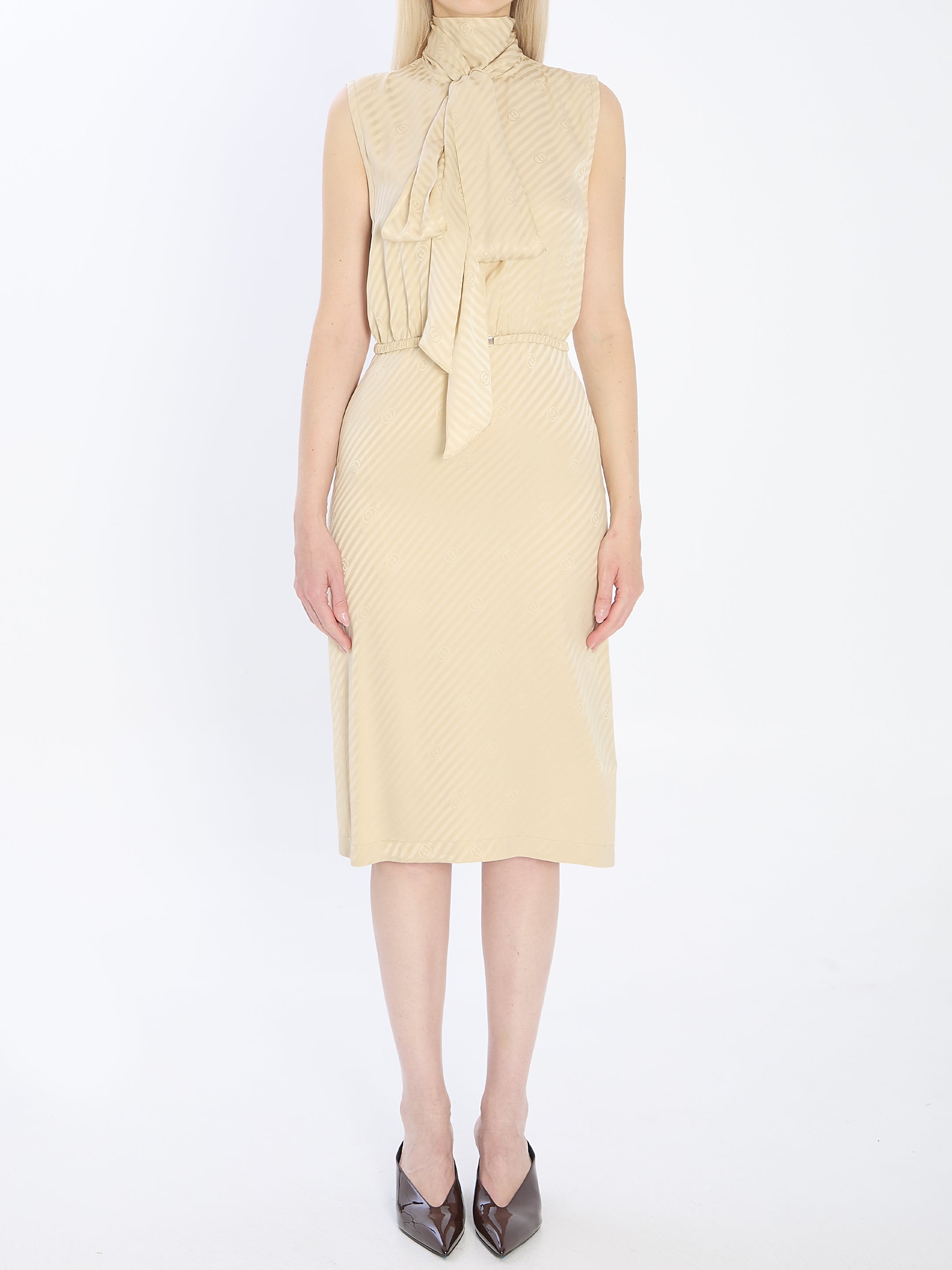 GUCCI Silk Jacquard Dress with Scarf Collar - Size 40 IT