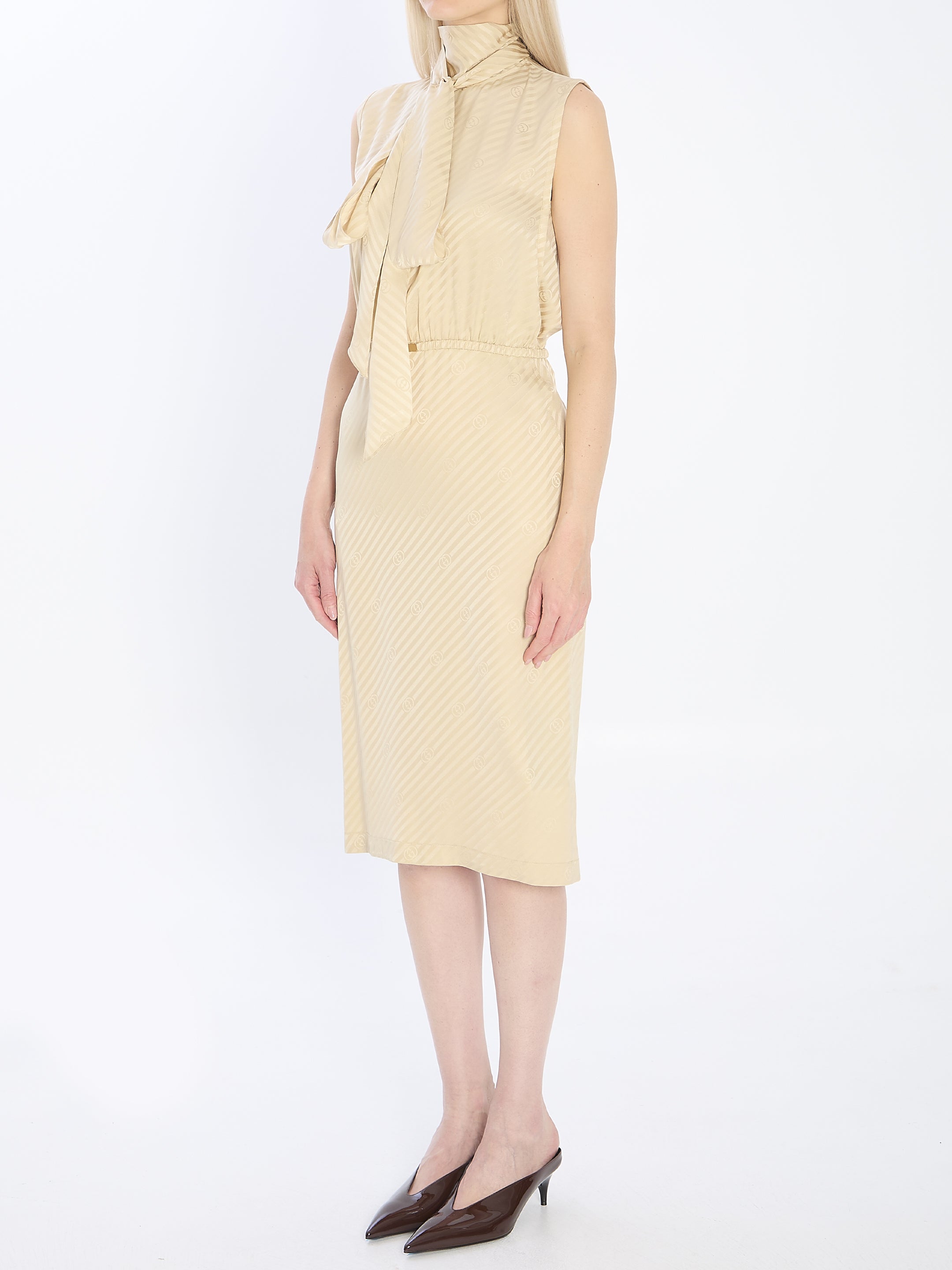 GUCCI Silk Jacquard Dress with Scarf Collar - Size 40 IT