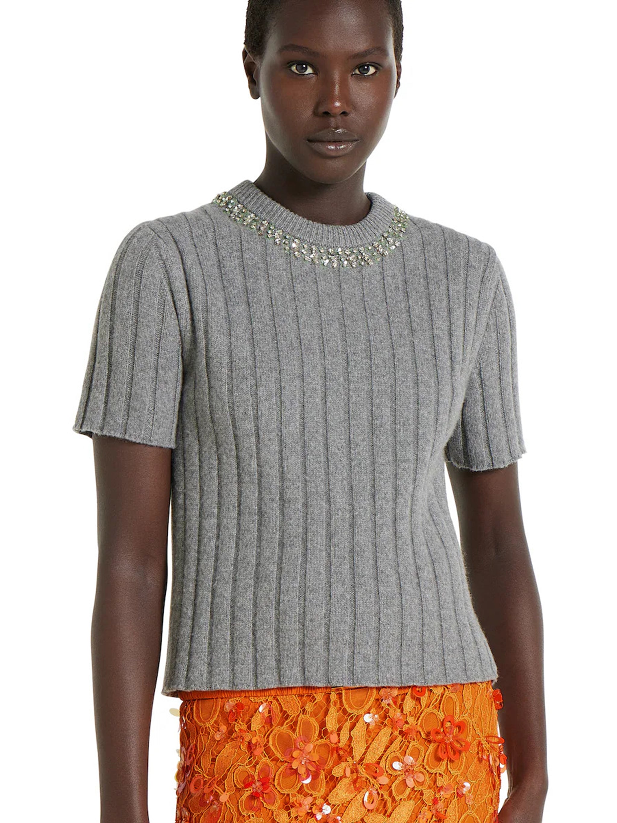 GUCCI Soft Wool and Cashmere Top with Crystal Embroidered Collar - Women's