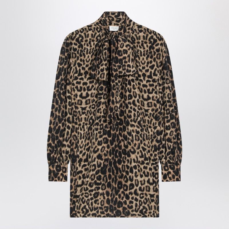 SAINT LAURENT Leopard-Print Silk Mini Dress with Tie-Neck Detail