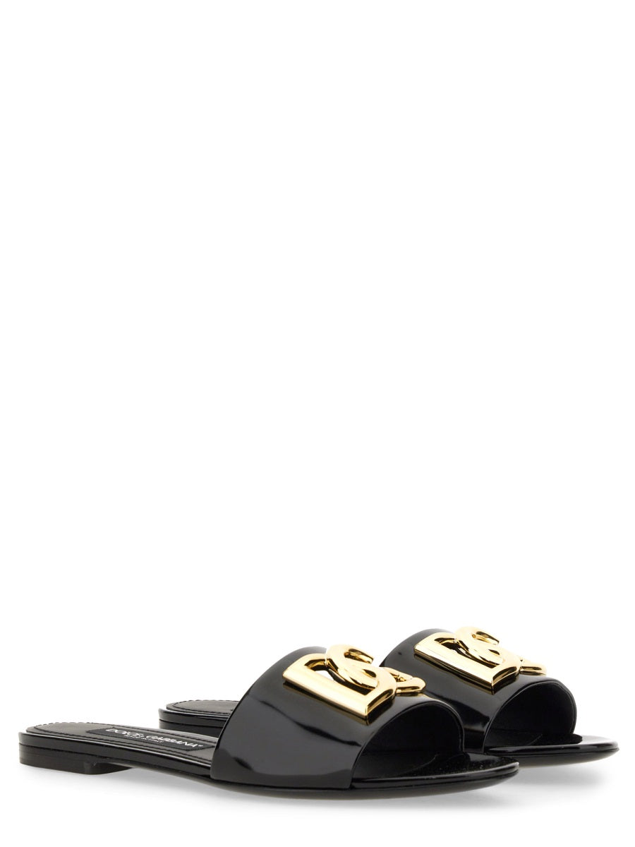 DOLCE & GABBANA Leather Sandals with Logo and 1 cm Heels