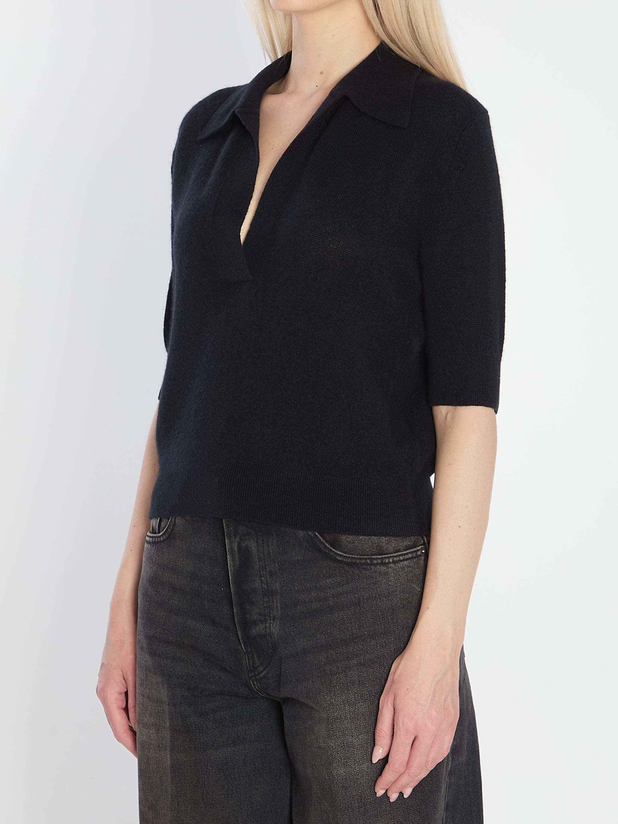 KHAITE Mini Shrunken Cashmere Blend Polo Sweater