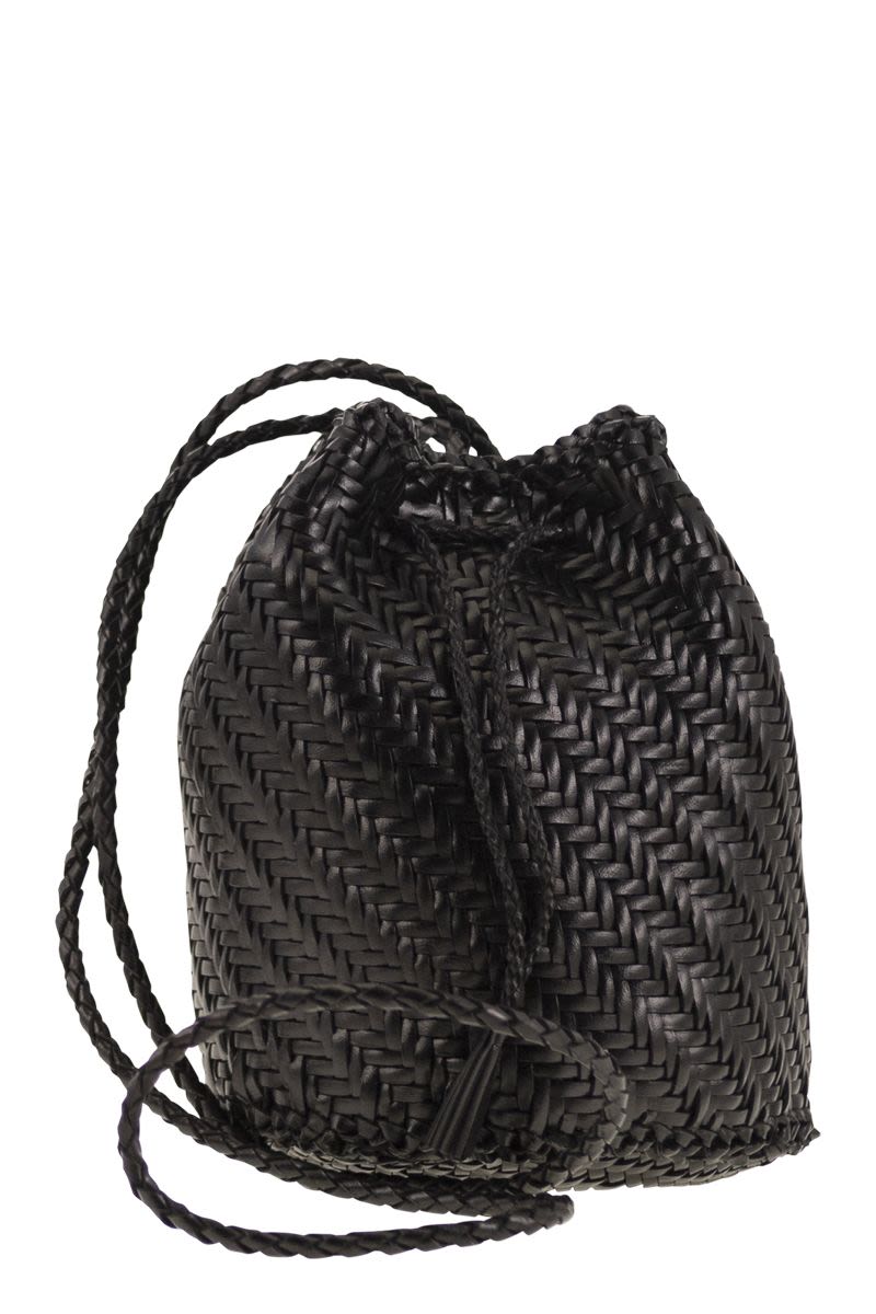 DRAGON Mini Woven Leather Bucket Handbag with Pompom Accent - 14 x 20 x 14 cm