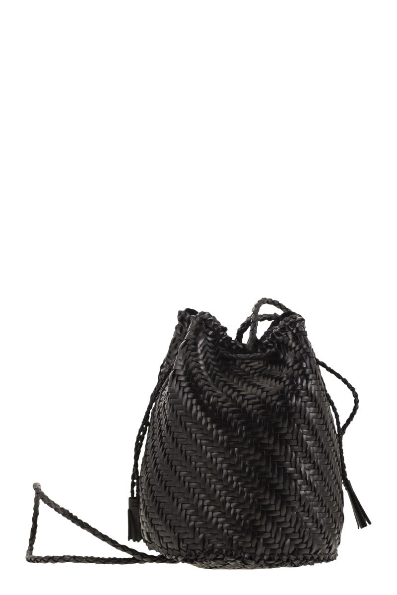 DRAGON Mini Woven Leather Bucket Handbag with Pompom Accent - 14 x 20 x 14 cm