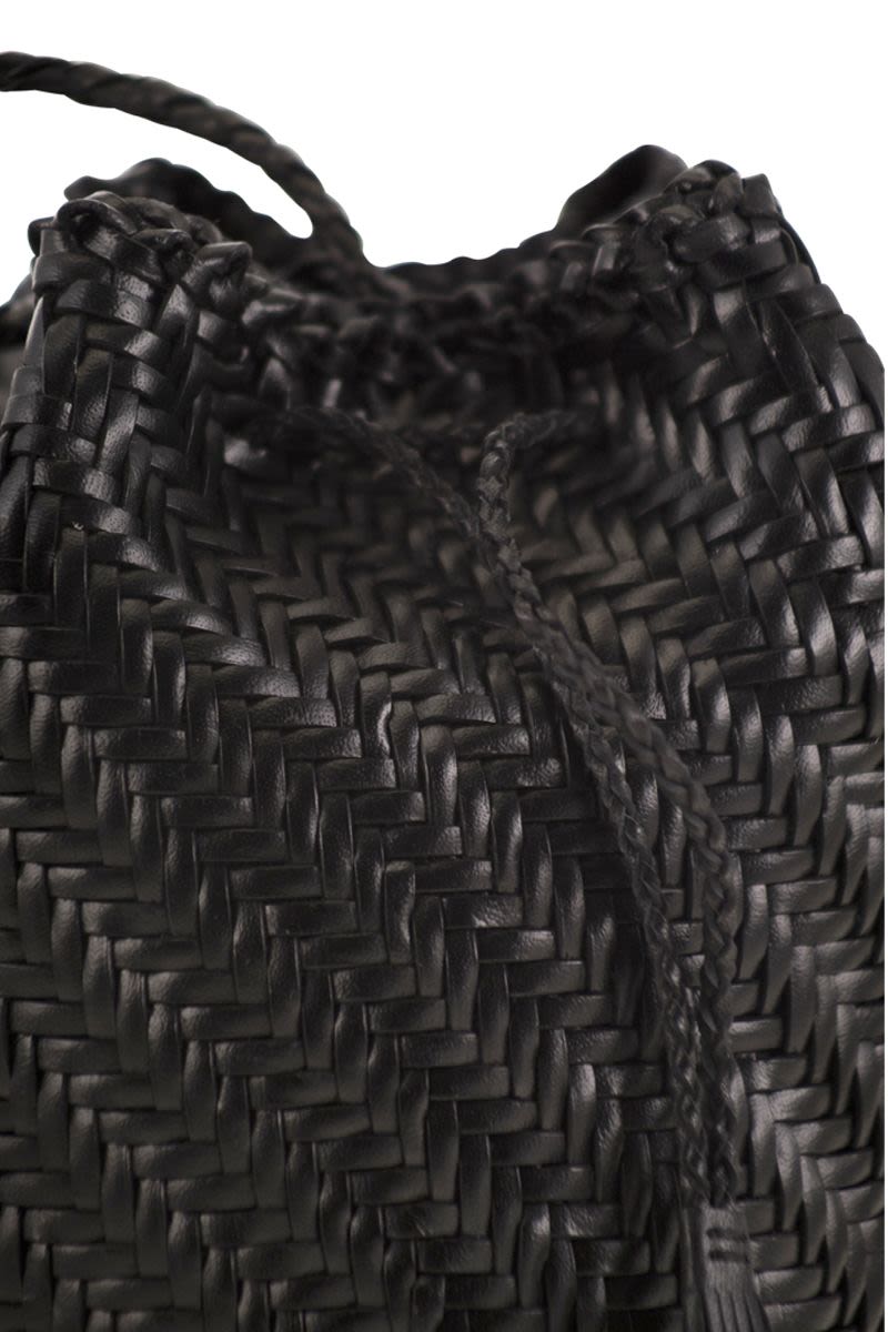 DRAGON Mini Woven Leather Bucket Handbag with Pompom Accent - 14 x 20 x 14 cm