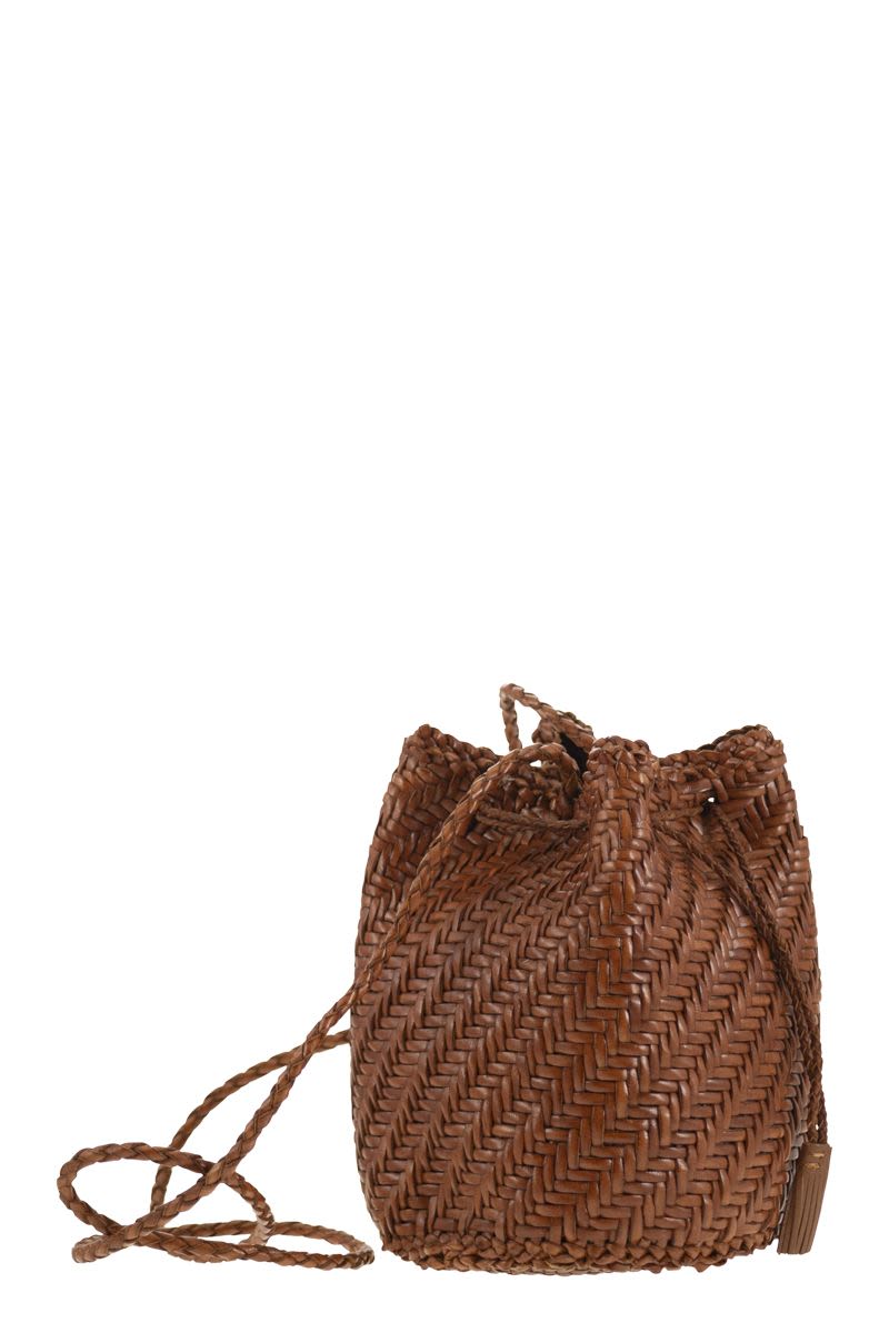 DRAGON Mini Pompom Double Jump Bucket Handbag with Woven Leather - 14x20x14 CM