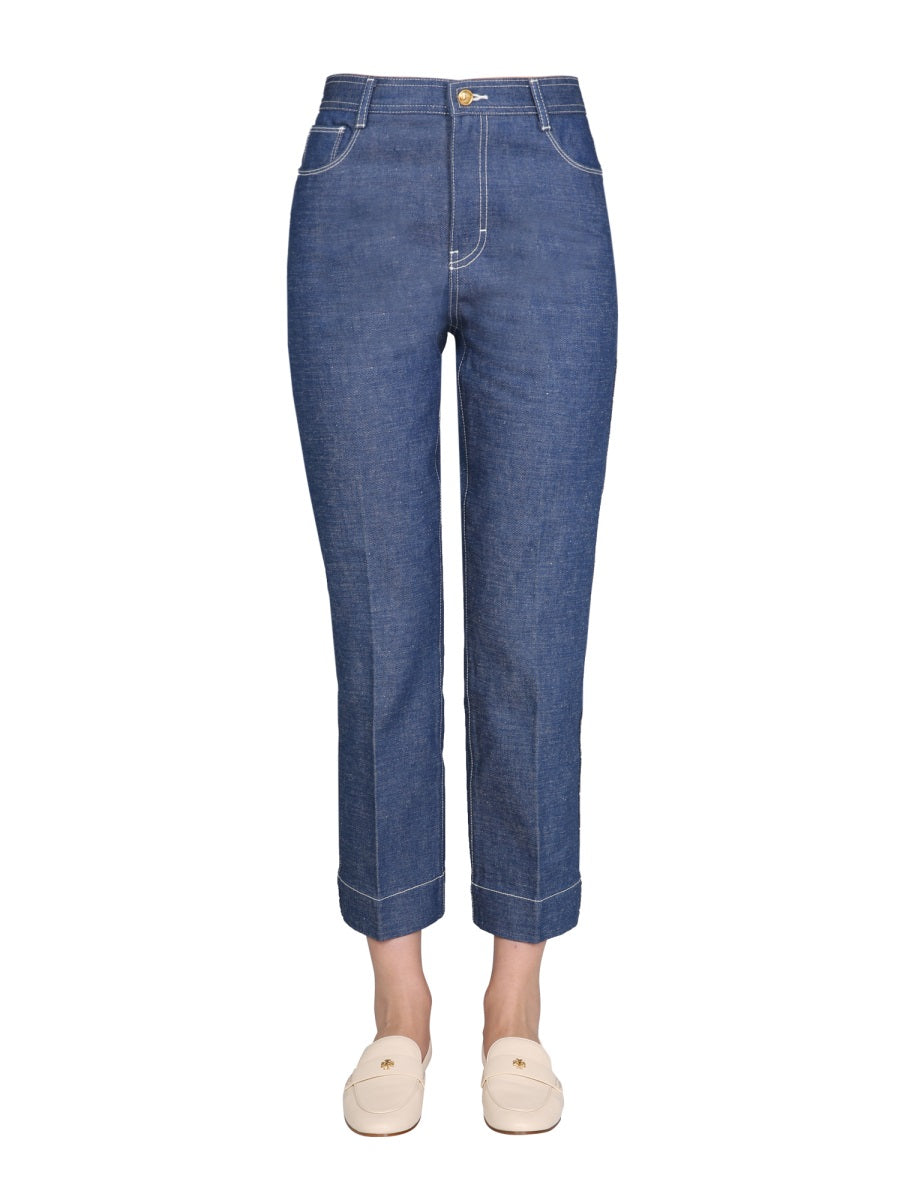 TORY BURCH Wide Leg Jeans with Front Button Closure