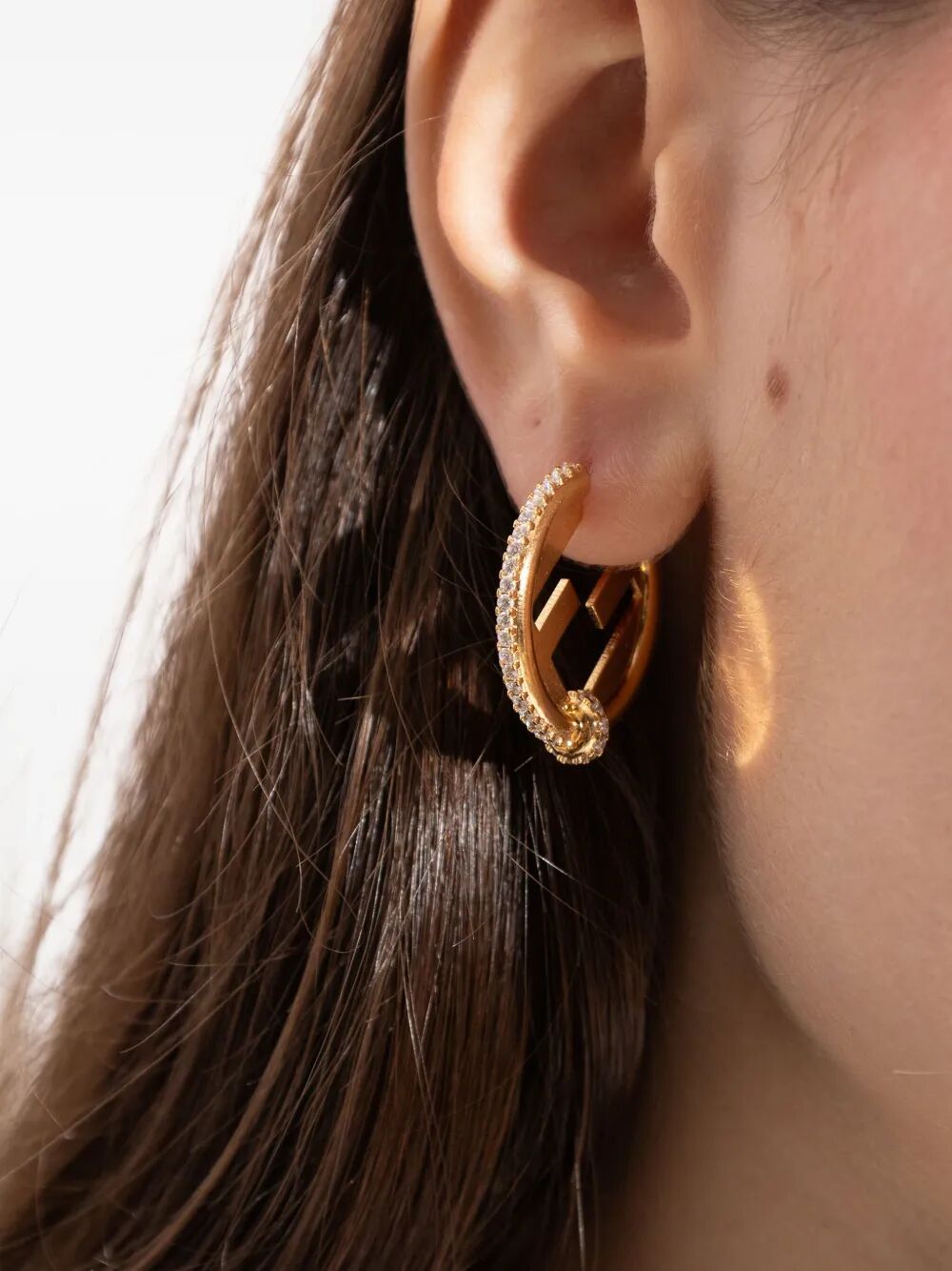 FENDI Mini Round Small Hoop Earrings with Crystal Bezels