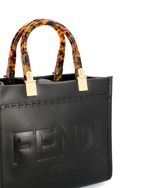 FENDI Mini Raffia & Canvas Sunshine Tote Handbag