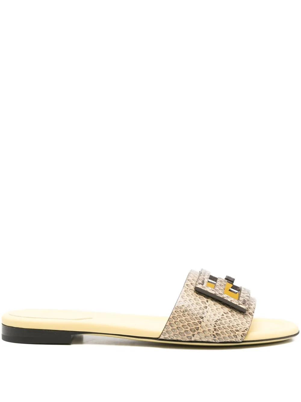 FENDI Snakeskin Leather Flat Slide Sandals