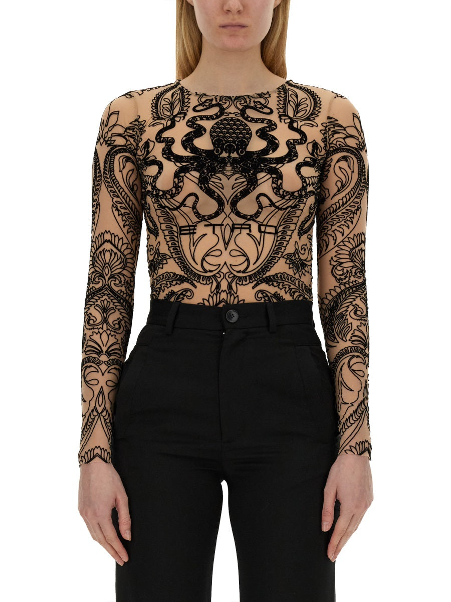 ETRO Slim Fit Flocked Tulle Top (Size 40 IT)