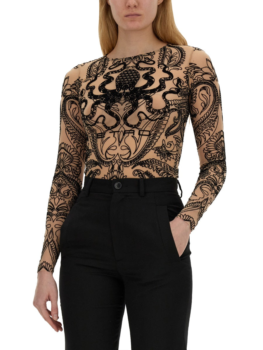 ETRO Slim Fit Flocked Tulle Top (Size 40 IT)