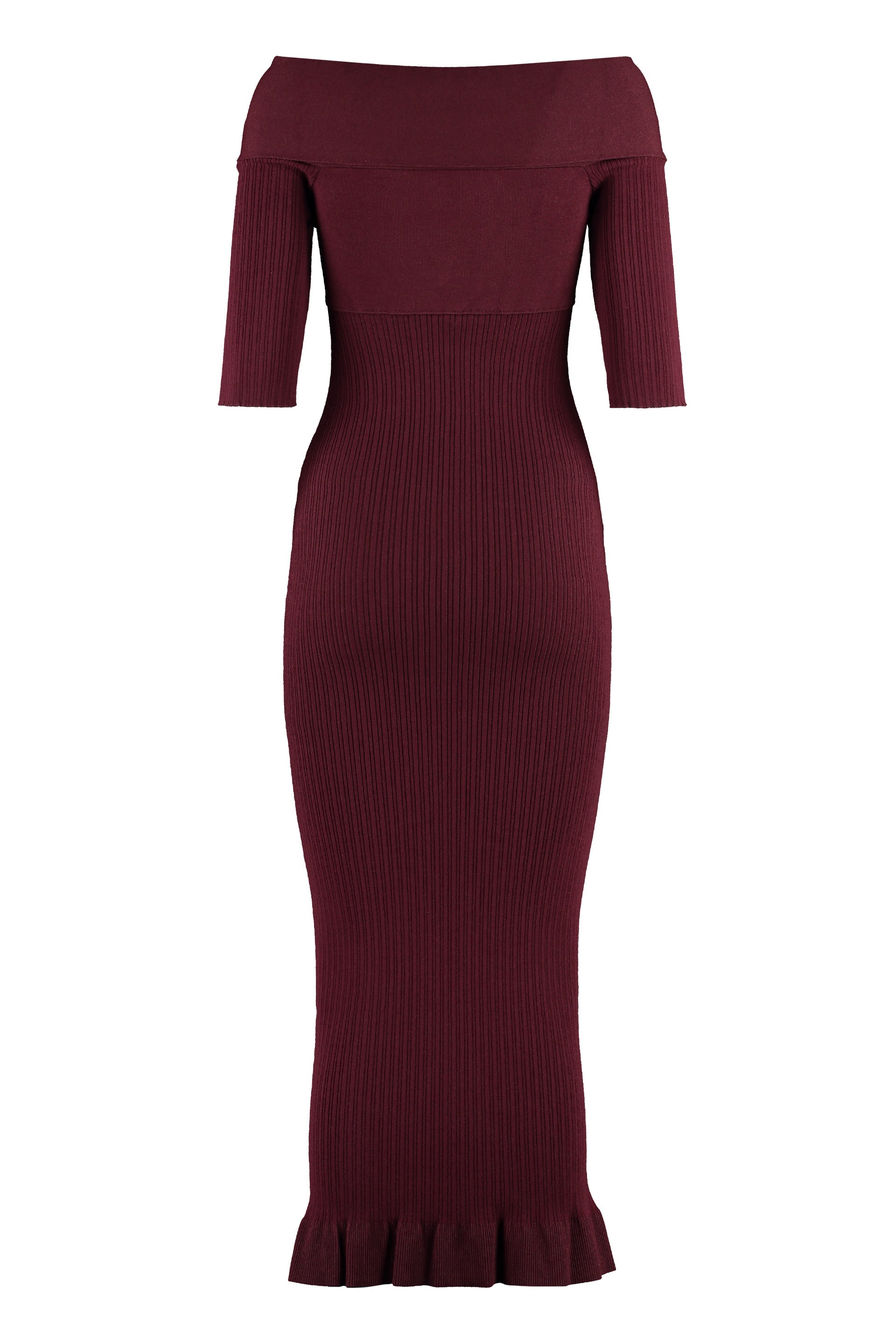 PHILOSOPHY DI LORENZO SERAFINI Ribbed Knit Midi Dress with Off-the-Shoulder Neckline