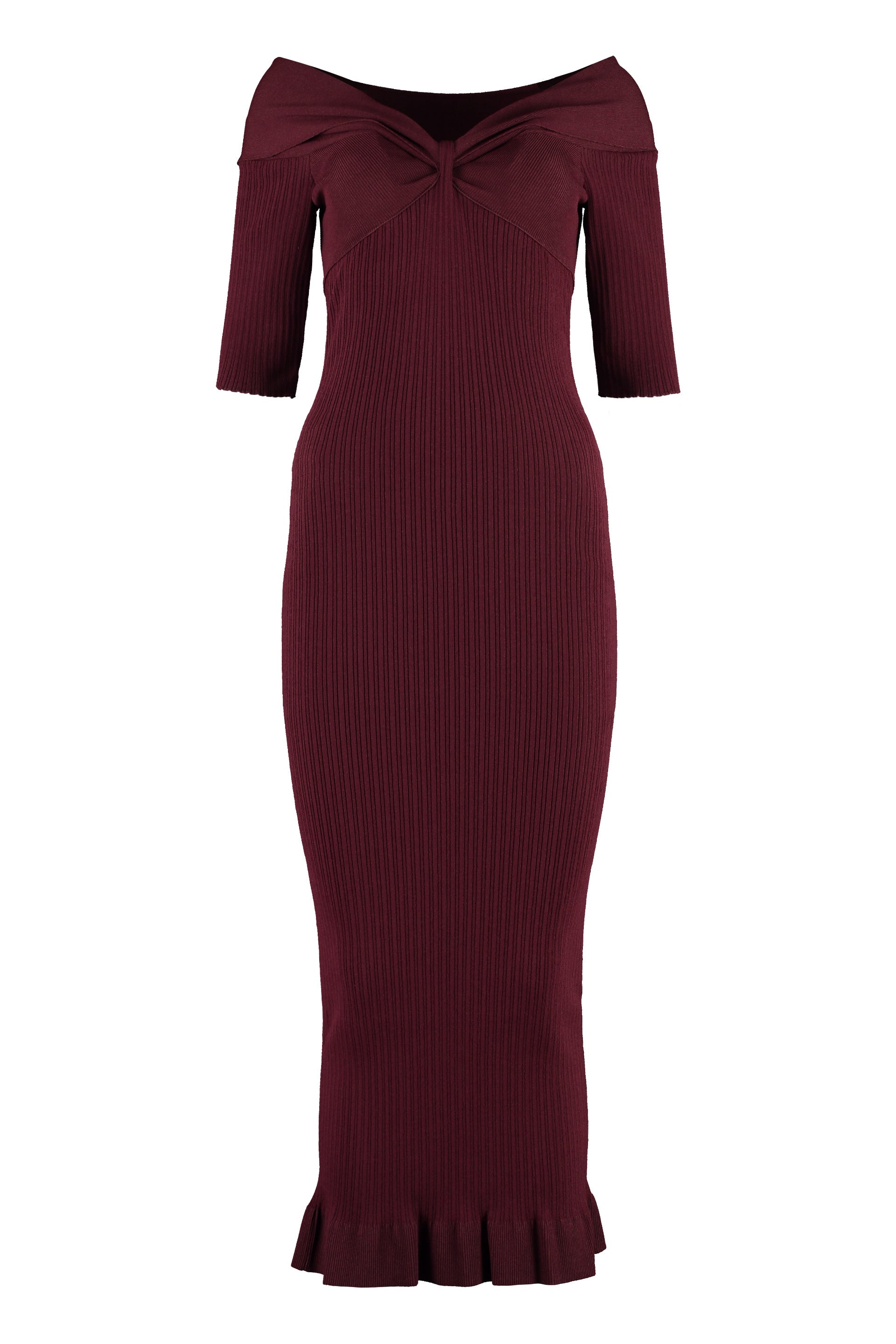 PHILOSOPHY DI LORENZO SERAFINI Ribbed Knit Midi Dress with Off-the-Shoulder Neckline