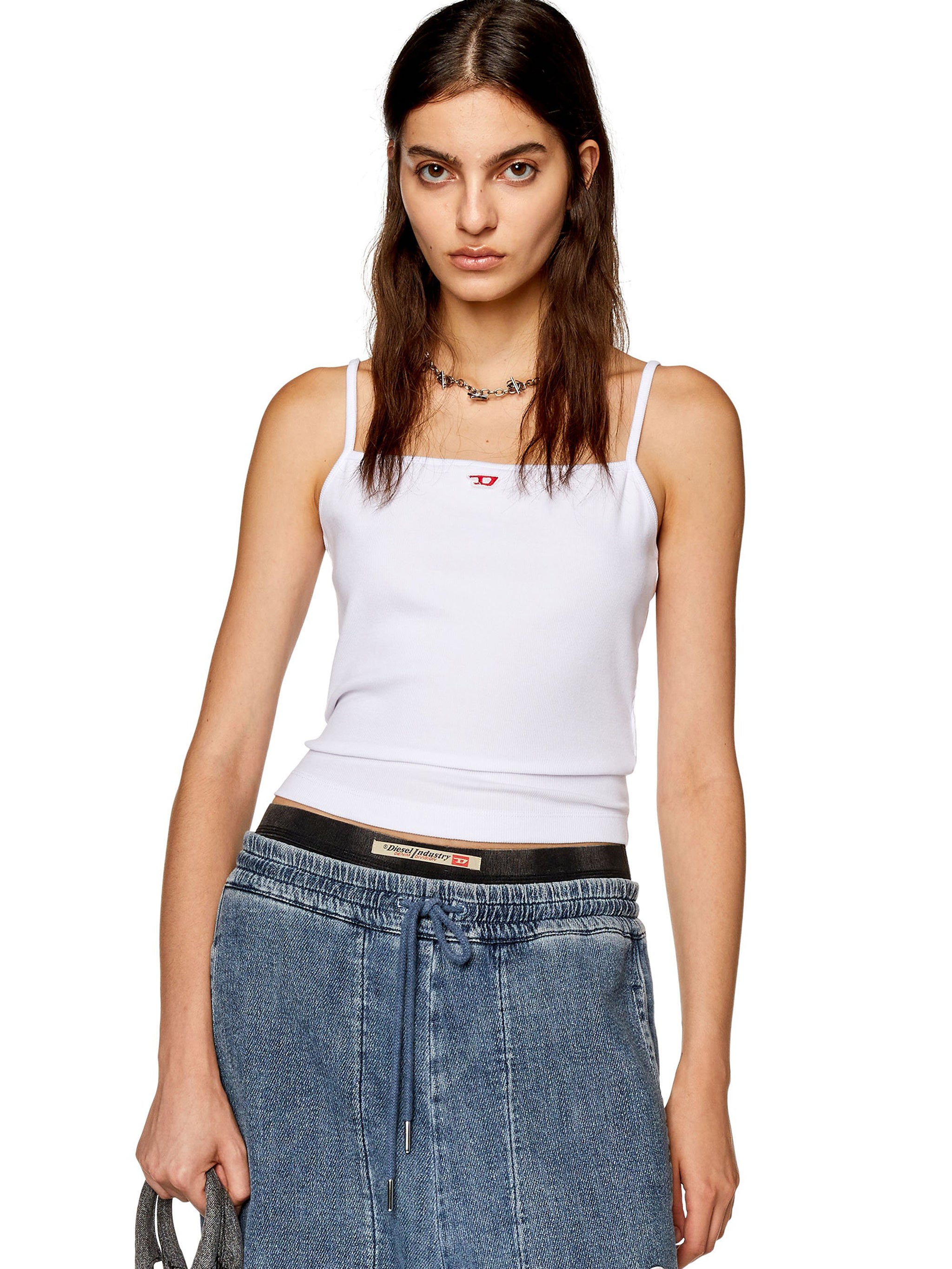 DIESEL Women's Slim-Fit Top with Shoulder Pads and Embroidered D Patch - Size S