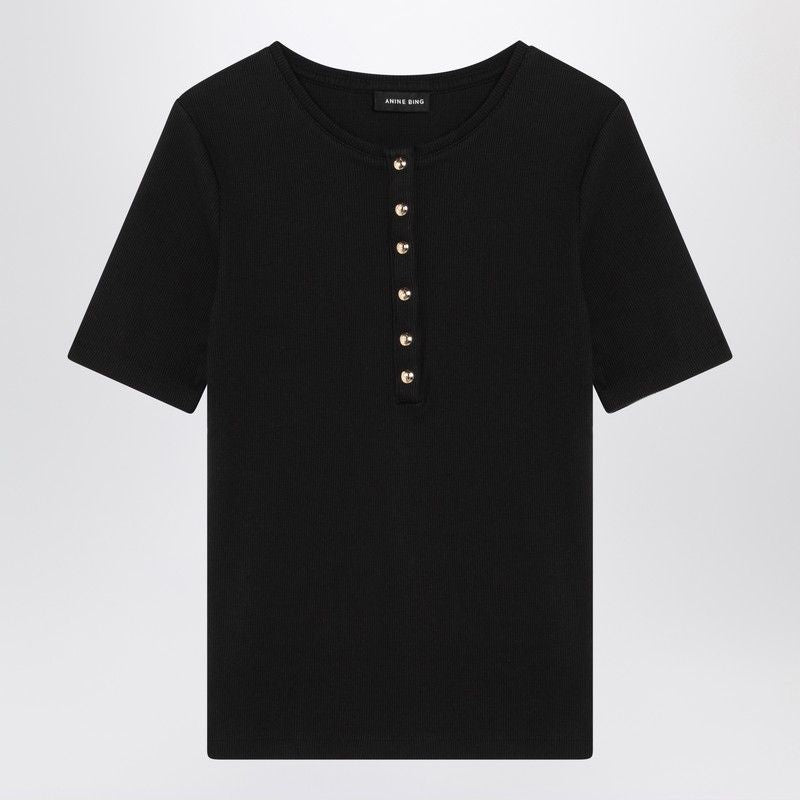 ANINE BING Short-Sleeved T-Shirt with Gold-Tone Buttons