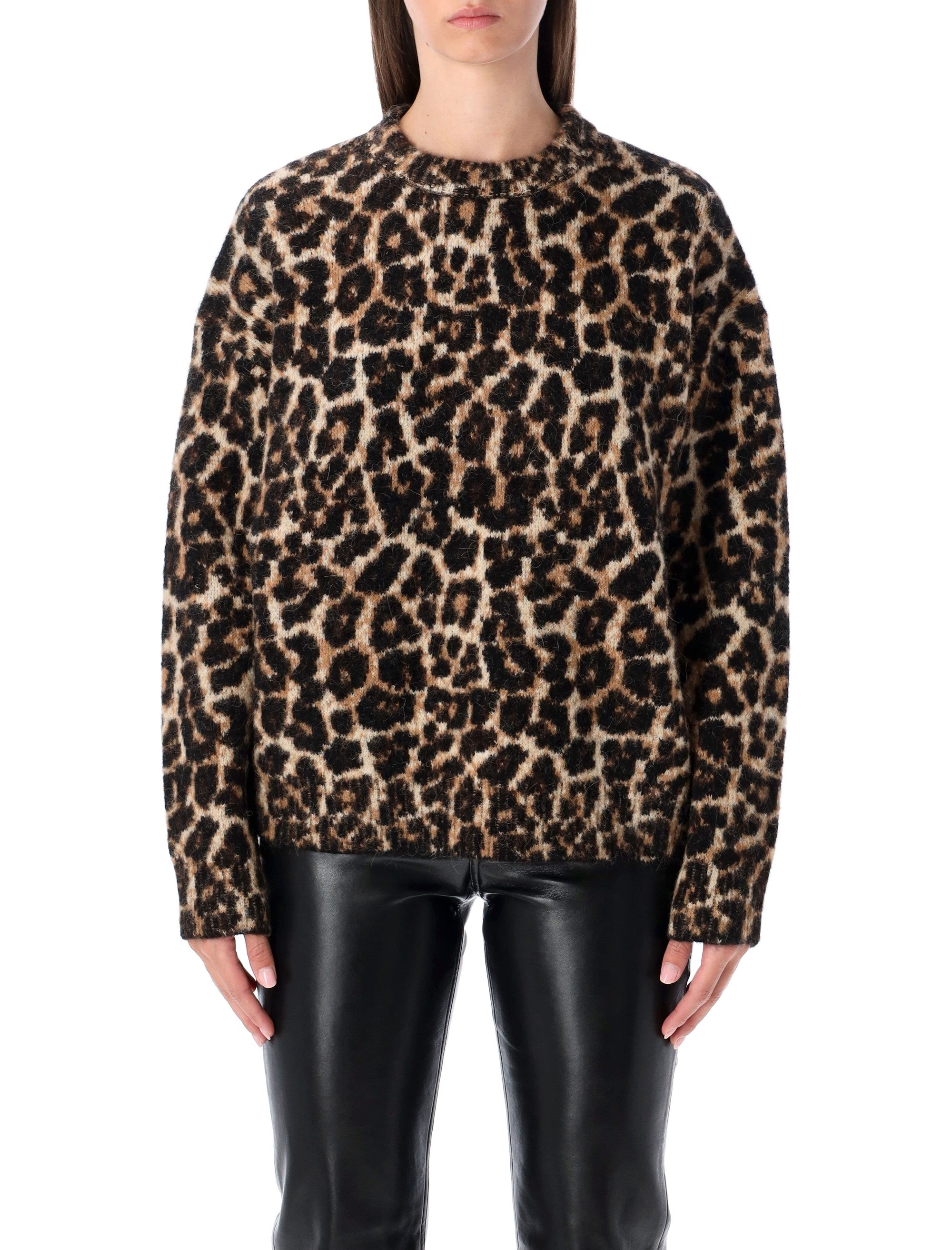 ANINE BING Leopard Print Crewneck Wool Blend Sweater - Size S