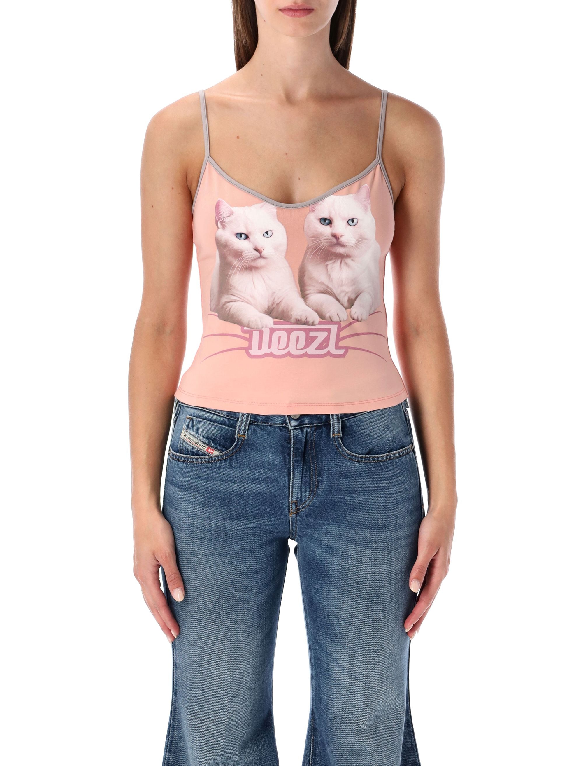 DIESEL Women’s Mini Fitted Cropped Cat Graphic Tank Top