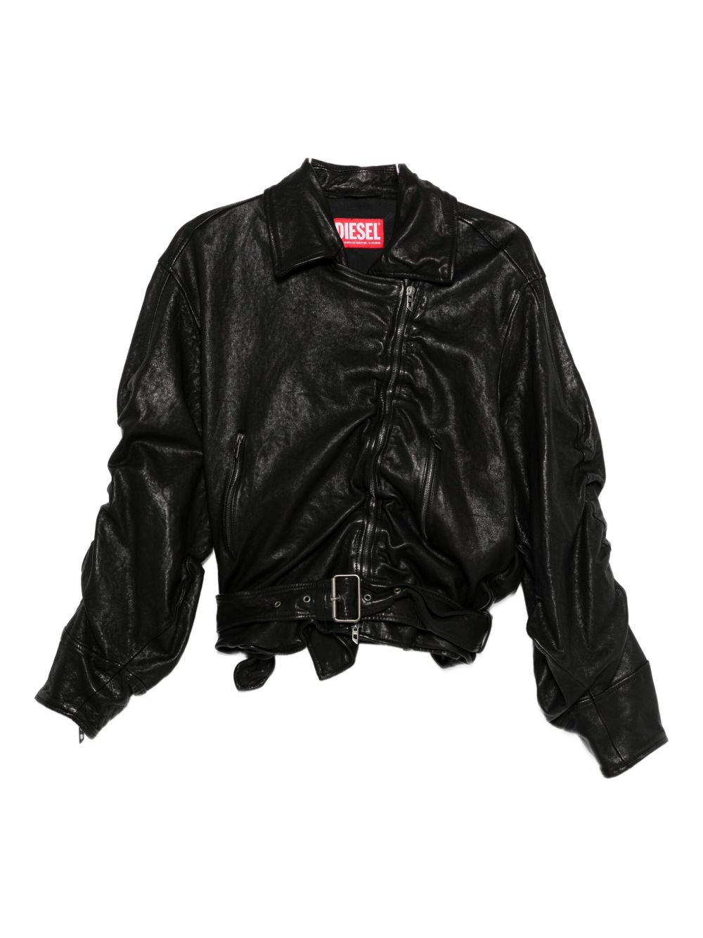 DIESEL Lamb Leather Jacket with Ruched Detailing and Belted Waist