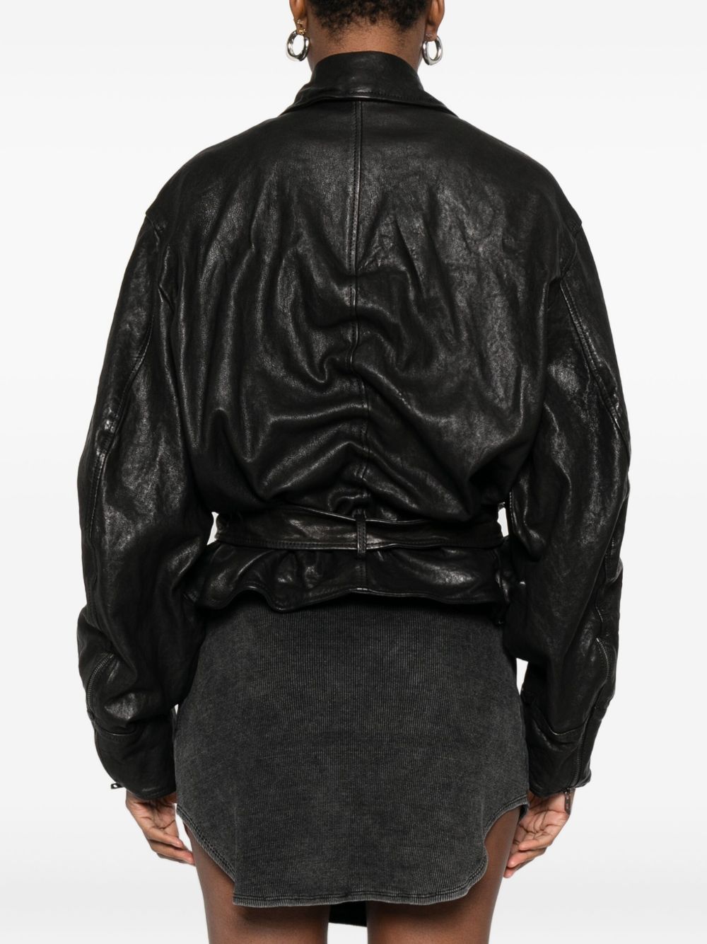 DIESEL Lamb Leather Jacket with Ruched Detailing and Belted Waist