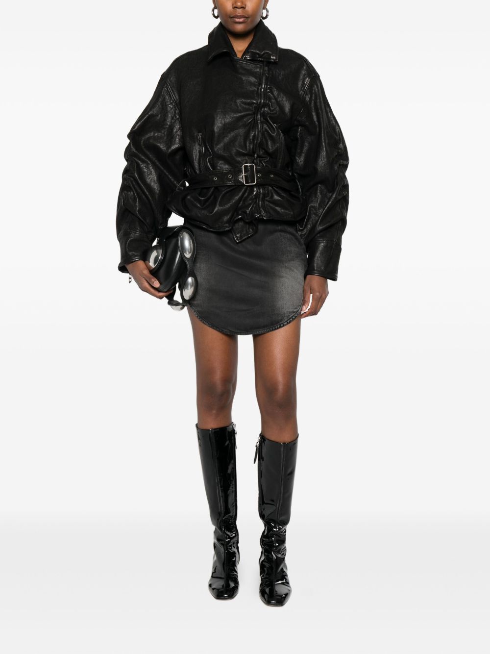 DIESEL Lamb Leather Jacket with Ruched Detailing and Belted Waist