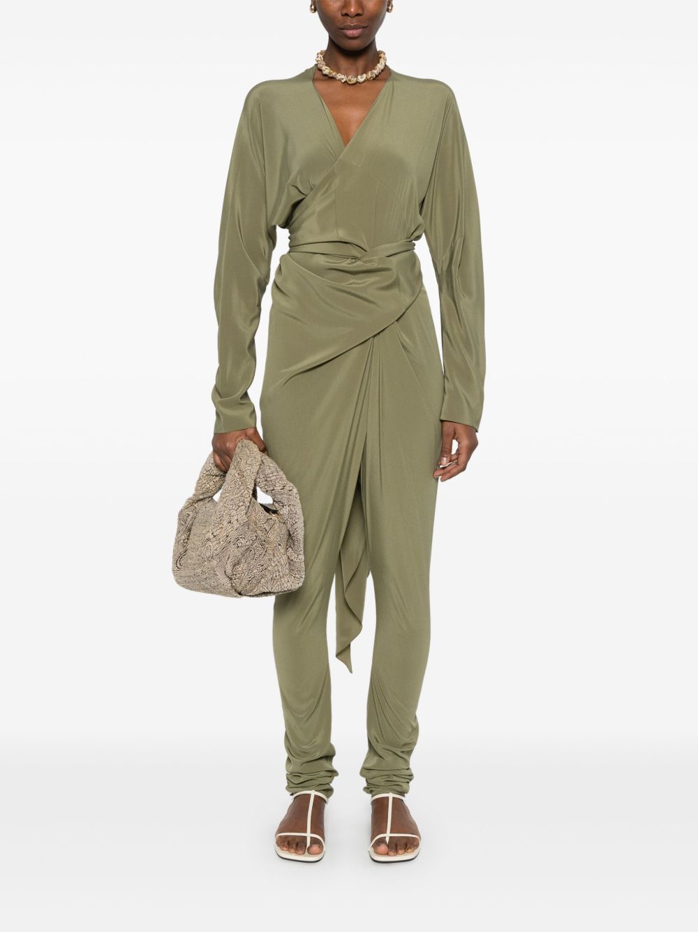 CORTANA Draped V-Neck Long Sleeve Jumpsuit with Tied Waist