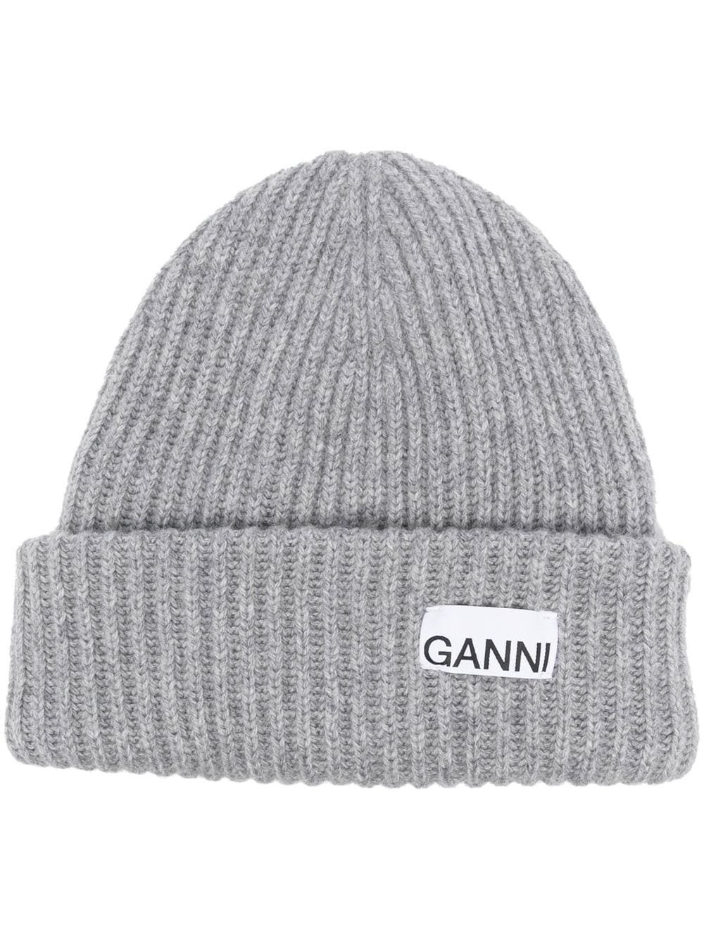 GANNI Rib-Knit Beanie with Logo Patch